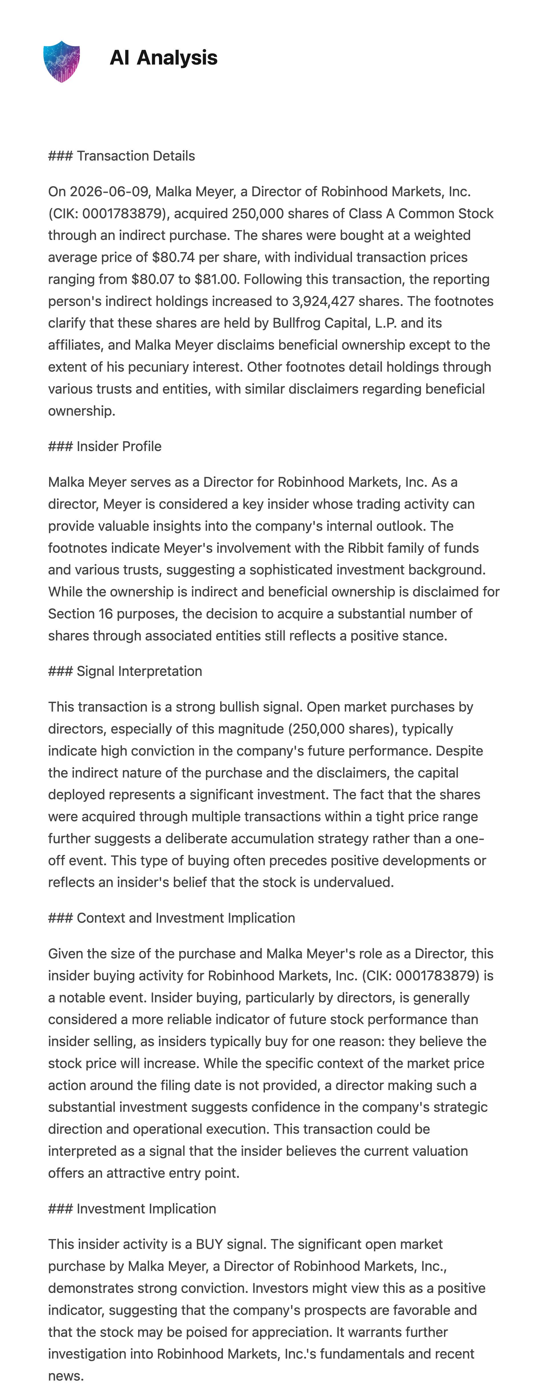 NexusAlert AI Analysis of the Robinhood Form 4, with sections for transaction details, insider profile, signal interpretation, and context and investment implication.