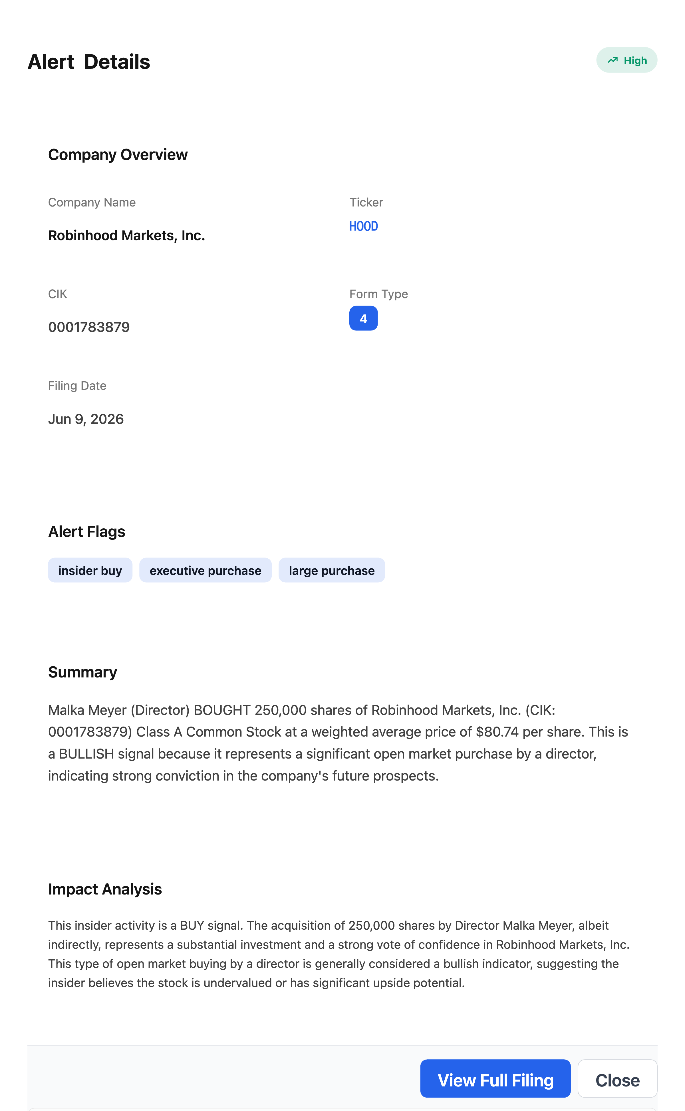 NexusAlert Alert Details modal for the Robinhood Form 4: ticker HOOD, CIK 0001783879, filing date June 9 2026, alert flags insider buy, executive purchase and large purchase, with AI summary and impact analysis of Malka Meyer's 250,000 share purchase at a weighted average price of 80.74 dollars.