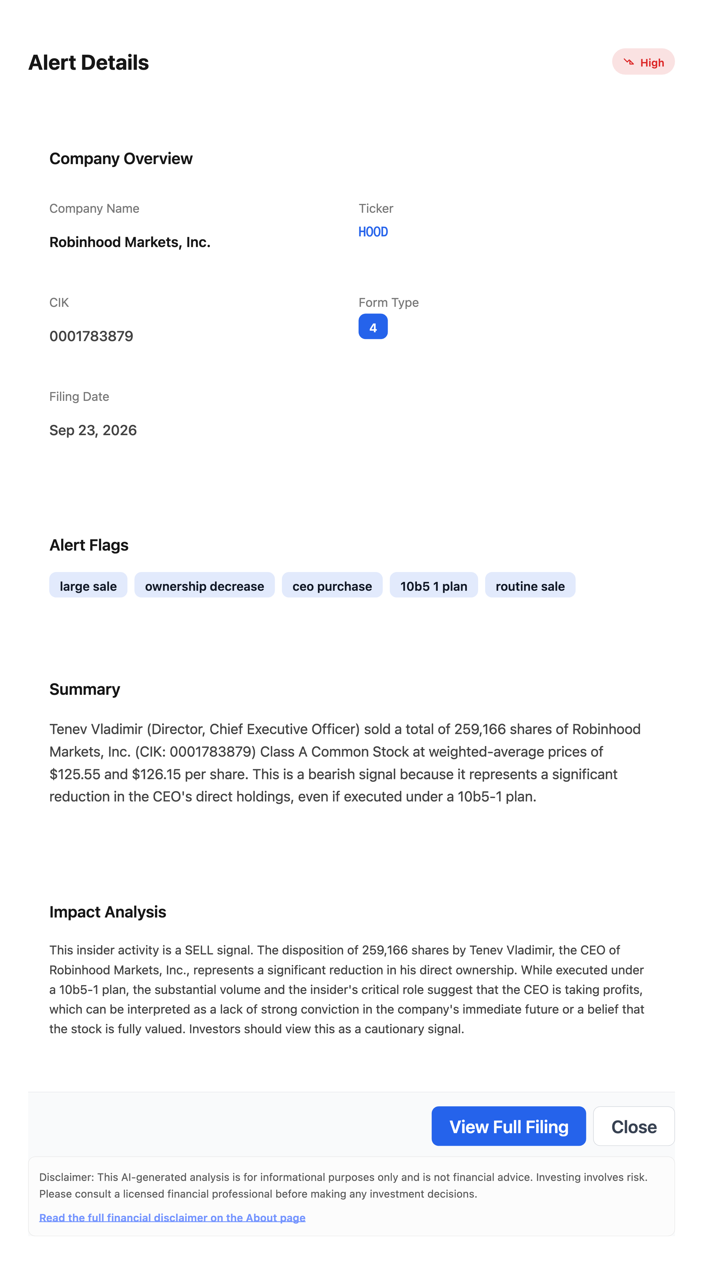NexusAlert Alert Details modal for Robinhood Markets showing Vlad Tenev's Form 4 sale of 259,166 shares, the CIK, filing date, alert flags, AI summary, and impact analysis