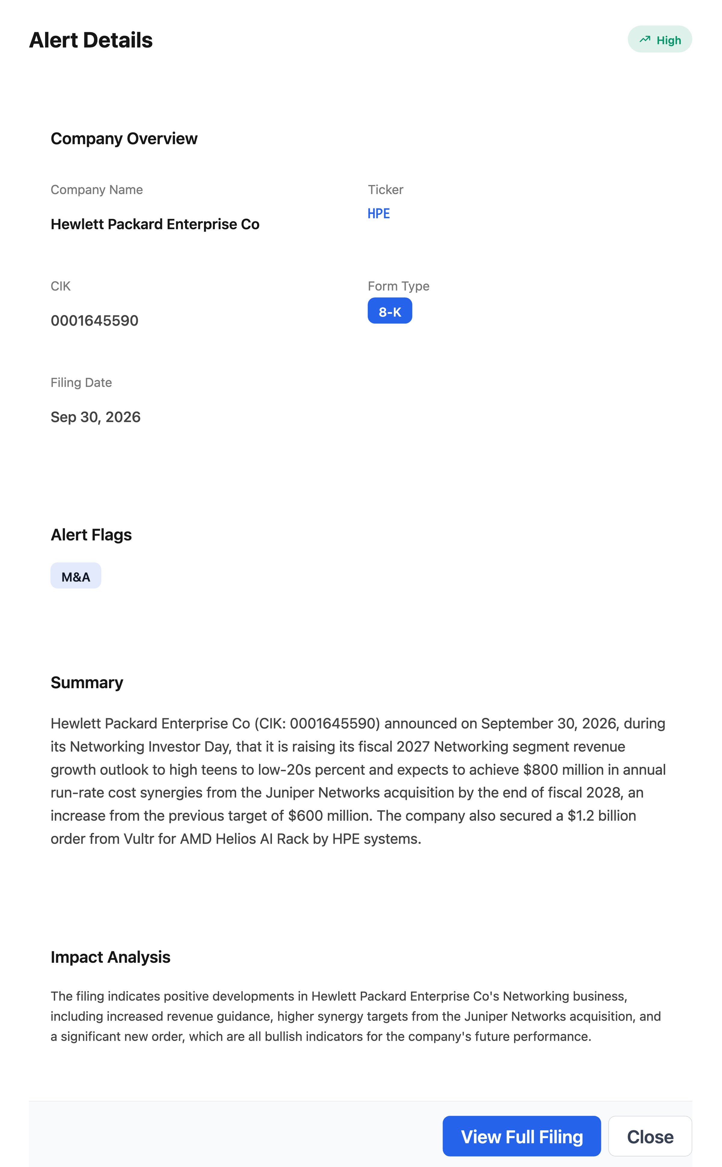 NexusAlert Alert Details for the Hewlett Packard Enterprise 8-K filed September 30, 2026, tagged High severity with an M&A flag, showing the Summary of the raised Networking outlook, $800 million Juniper synergies and $1.2 billion Vultr order, plus the AI Impact Analysis.