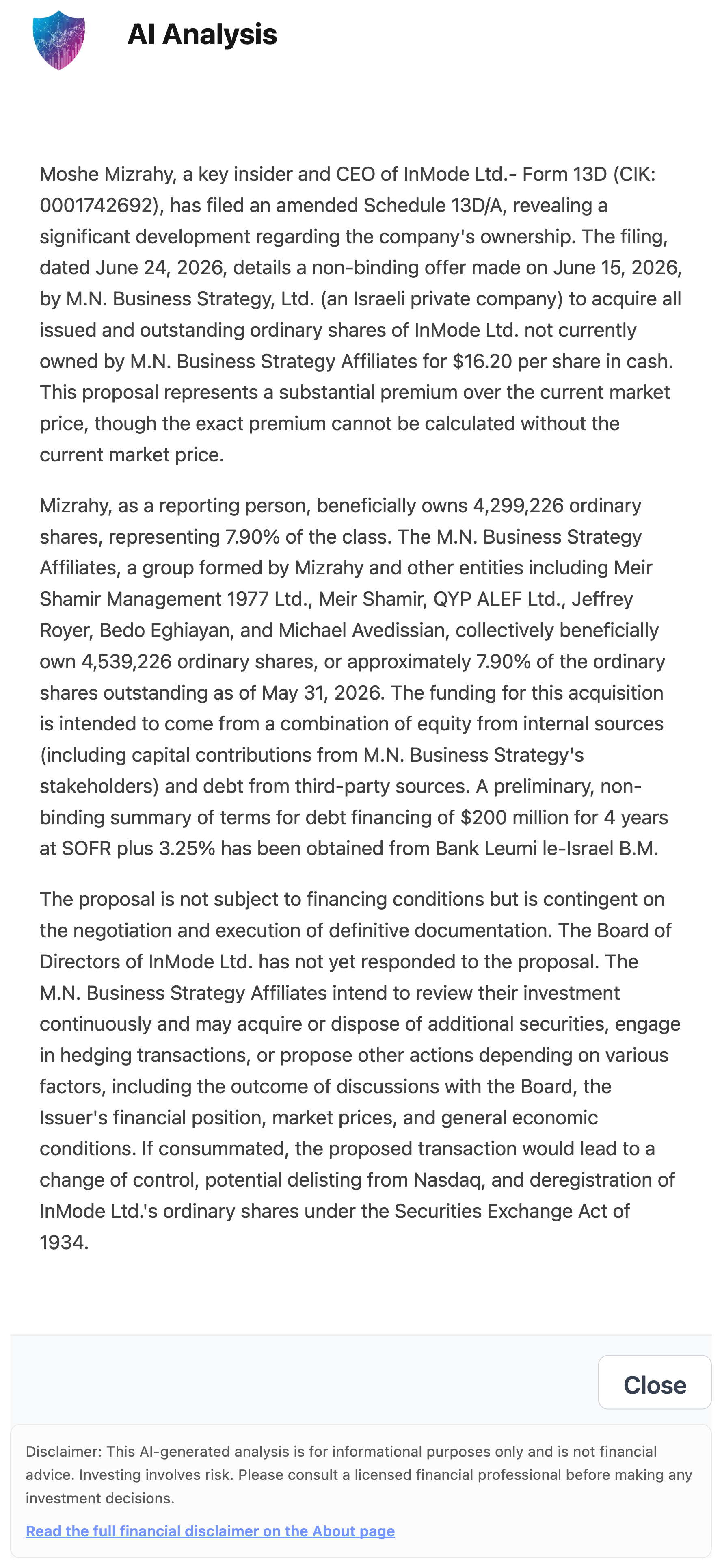 NexusAlert AI Analysis of the InMode 13D/A explaining that Moshe Mizrahy beneficially owns about 7.9 percent, naming the M.N. Business Strategy affiliate group, and detailing the $200 million Bank Leumi financing at SOFR plus 3.25 percent and the potential Nasdaq delisting.