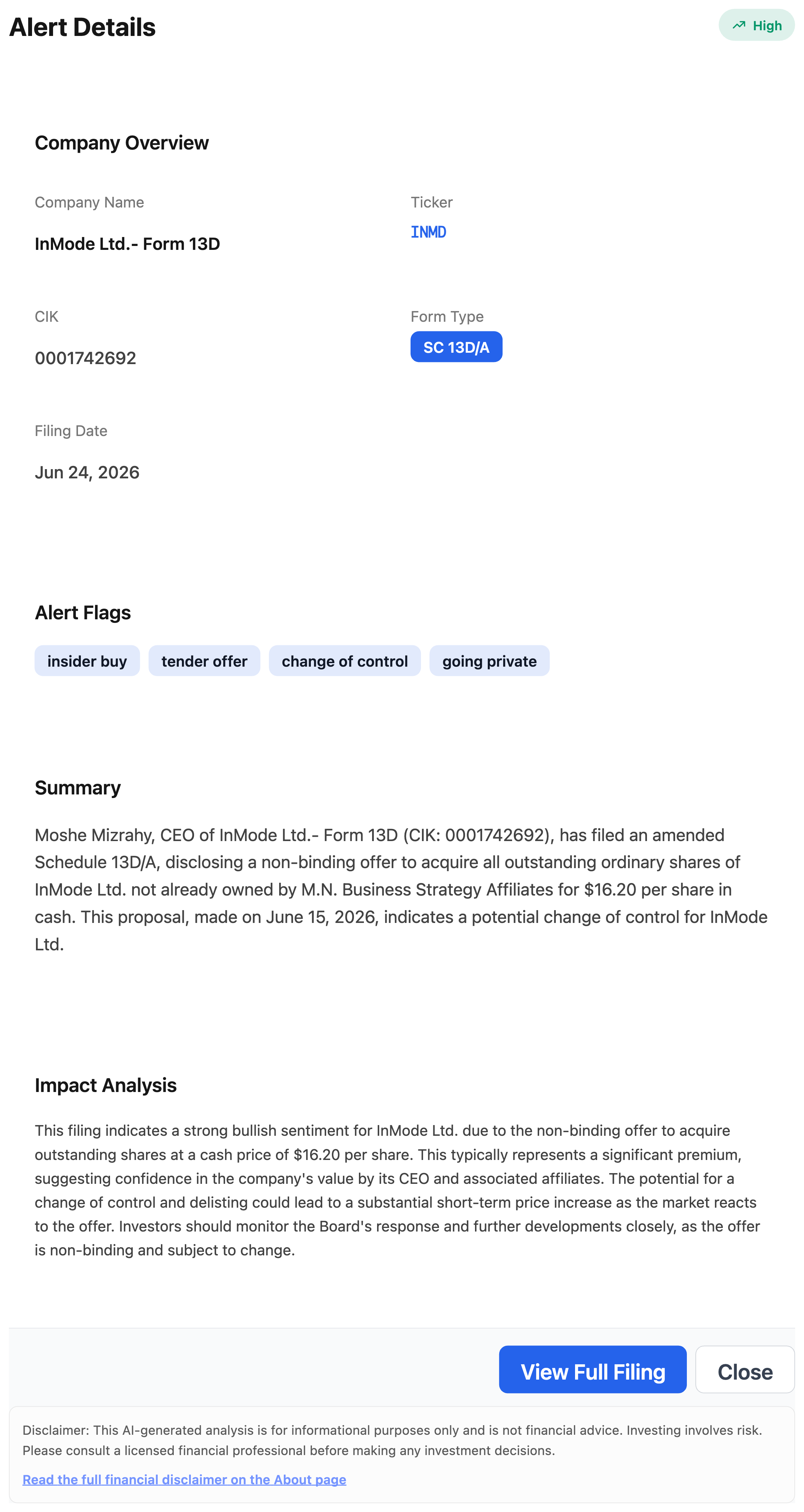 NexusAlert alert detail for the InMode SC 13D/A showing ticker INMD, CIK 0001742692, form type SC 13D/A, filing date June 24, 2026, alert flags for insider buy, tender offer, change of control and going private, plus the AI summary of the $16.20 per share offer and the impact analysis.