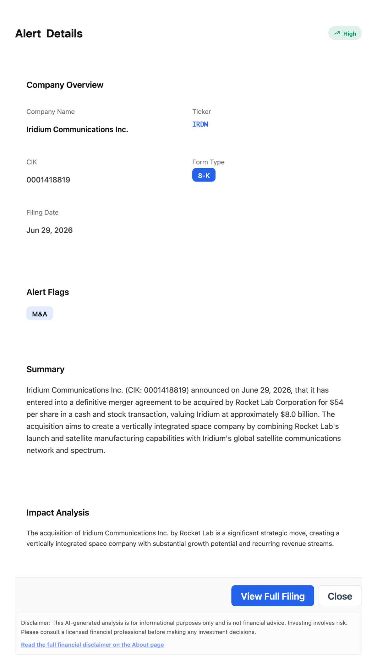 NexusAlert Alert Details for Iridium Communications 8-K showing the Rocket Lab acquisition at $54 per share valuing Iridium at approximately $8.0 billion, flagged Merger and Acquisition with High severity.