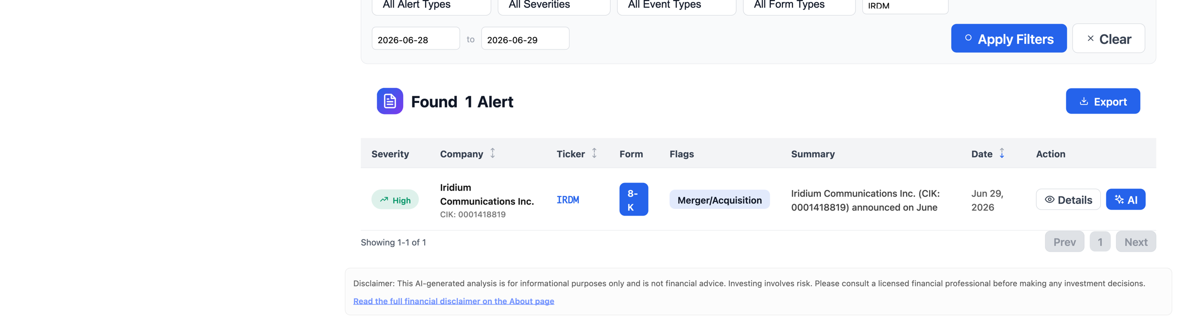 NexusAlert alerts results showing one High-severity Merger and Acquisition alert for Iridium Communications, ticker IRDM, an 8-K filed June 29, 2026.