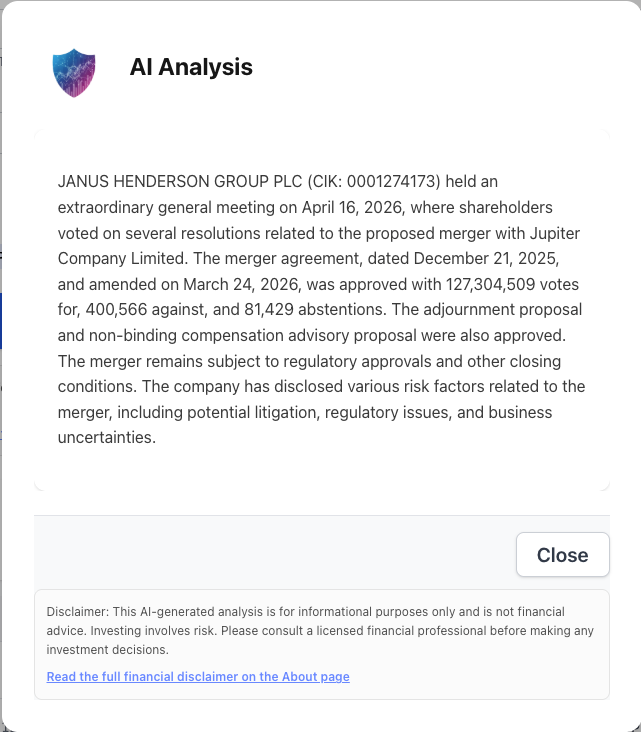 NexusAlert AI Analysis panel for Janus Henderson's merger vote, summarizing the December 21, 2025 merger agreement, the March 24, 2026 amendment, the 127,304,509 for / 400,566 against / 81,429 abstentions breakdown, and the adjournment and compensation advisory proposals
