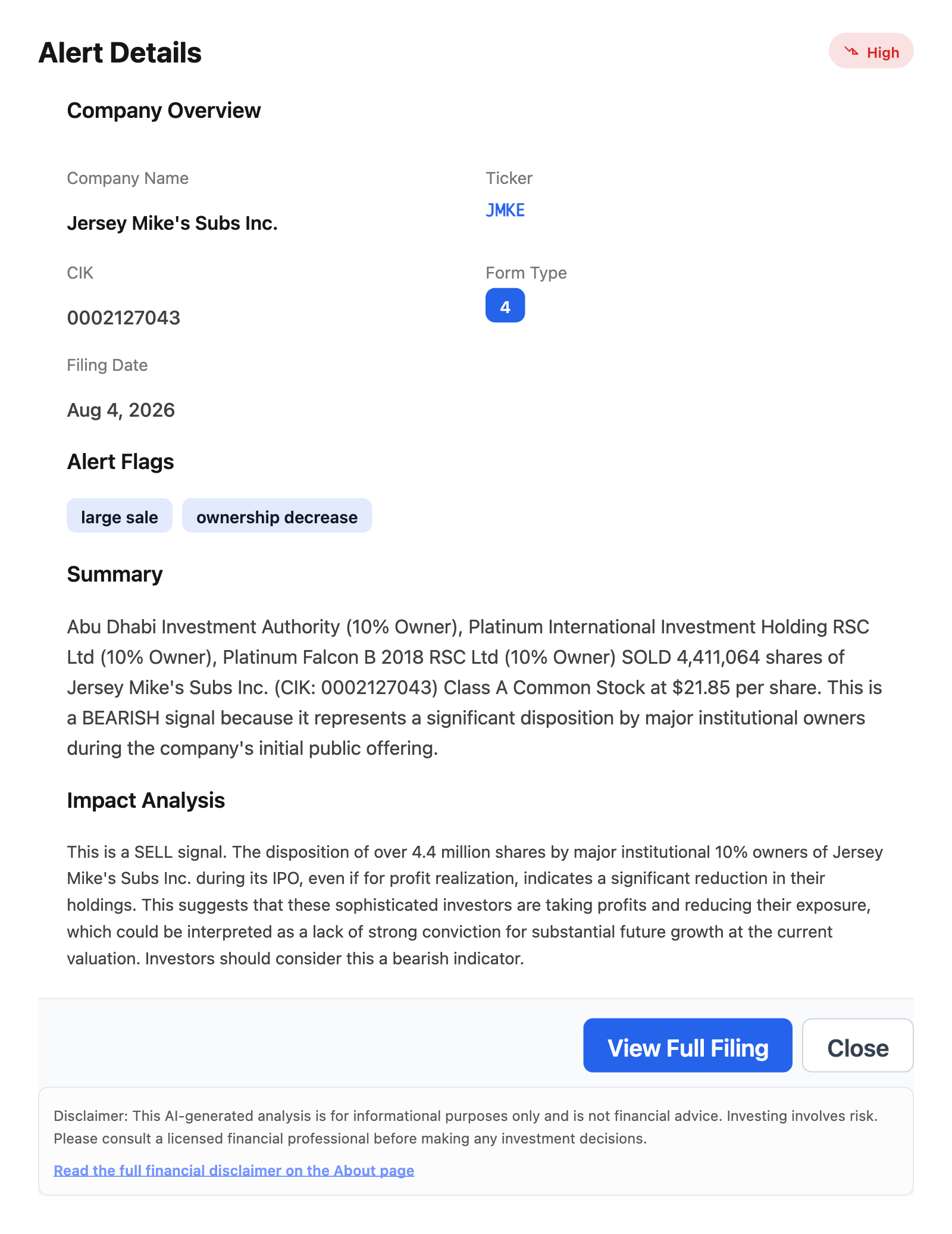 NexusAlert Alert Details for the Jersey Mike's Form 4 showing the Abu Dhabi Investment Authority and two Platinum vehicles sold 4,411,064 shares at $21.85 per share.