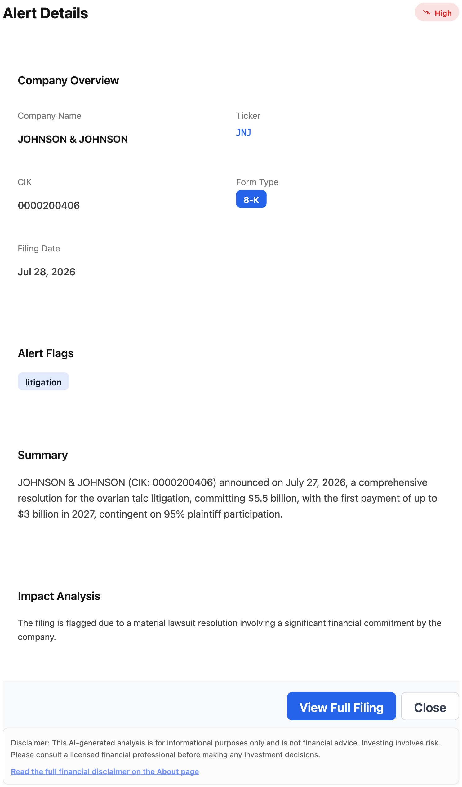 NexusAlert Alert Details for the Johnson & Johnson 8-K, showing the JNJ ticker, CIK 0000200406, Form Type 8-K, the litigation flag, the AI summary of the $5.5 billion talc resolution, and the impact analysis.