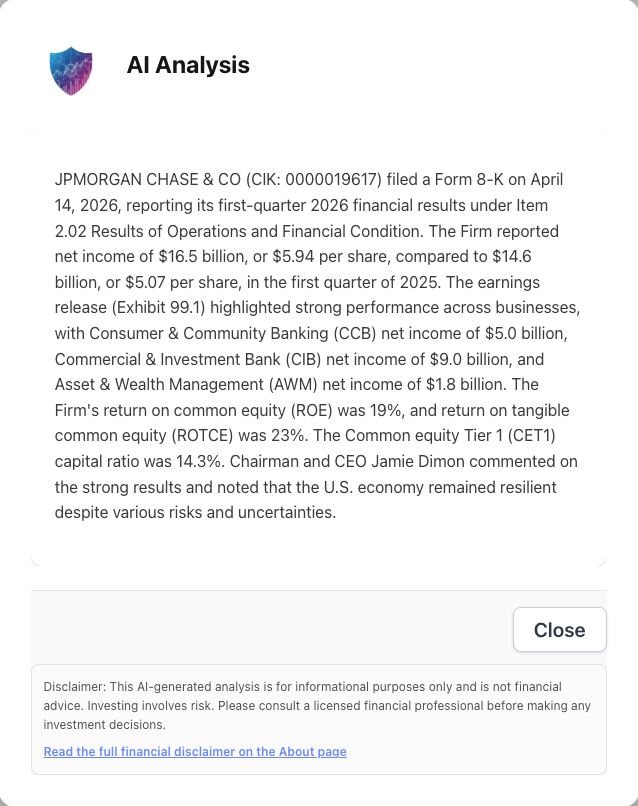 NexusAlert AI analysis of JPMorgan Chase Q1 2026 8-K filing summarizing net income, segment performance, and Dimon's commentary on risks