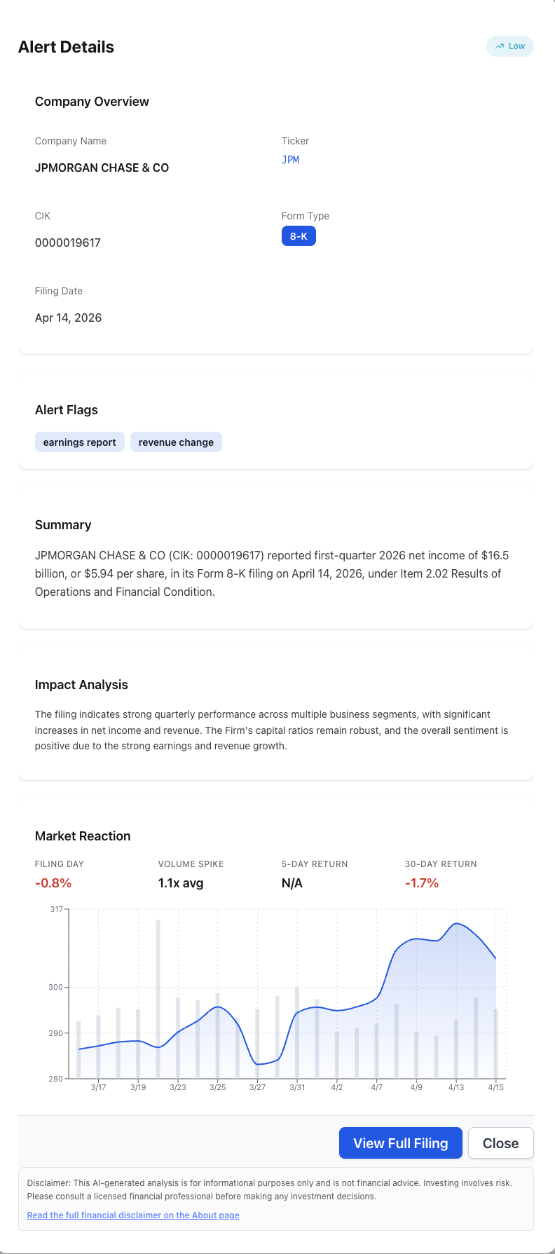 NexusAlert alert detail for JPMorgan Chase Q1 2026 8-K filing showing earnings report flags and market reaction