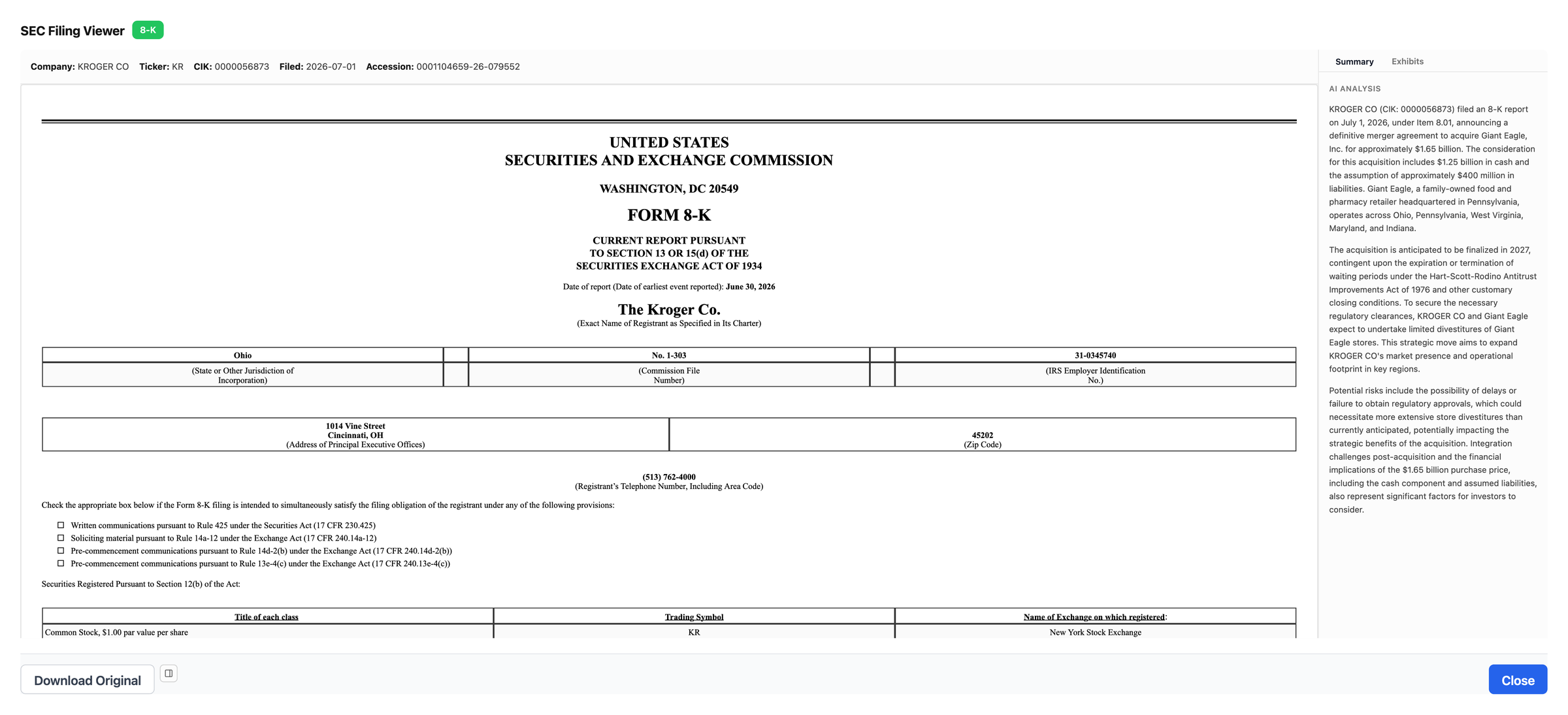 NexusAlert SEC Filing Viewer showing the Kroger Form 8-K primary document alongside the AI Analysis panel. The AI analysis extracts the $1.65 billion acquisition of Giant Eagle, the $1.25 billion cash and $400 million assumed-liabilities split, the anticipated 2027 close contingent on Hart-Scott-Rodino antitrust clearance, the expectation of limited Giant Eagle store divestitures, and the integration and regulatory risks tied to the cash-and-assumed-liabilities structure.