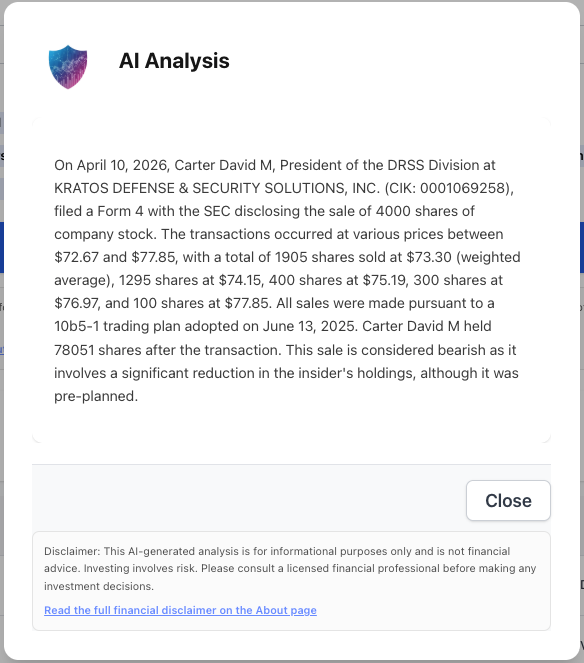 NexusAlert Filing Details for KTOS Division President David Carter showing Form 4 sale of 4,000 shares with stock price chart declining from $95 to $68