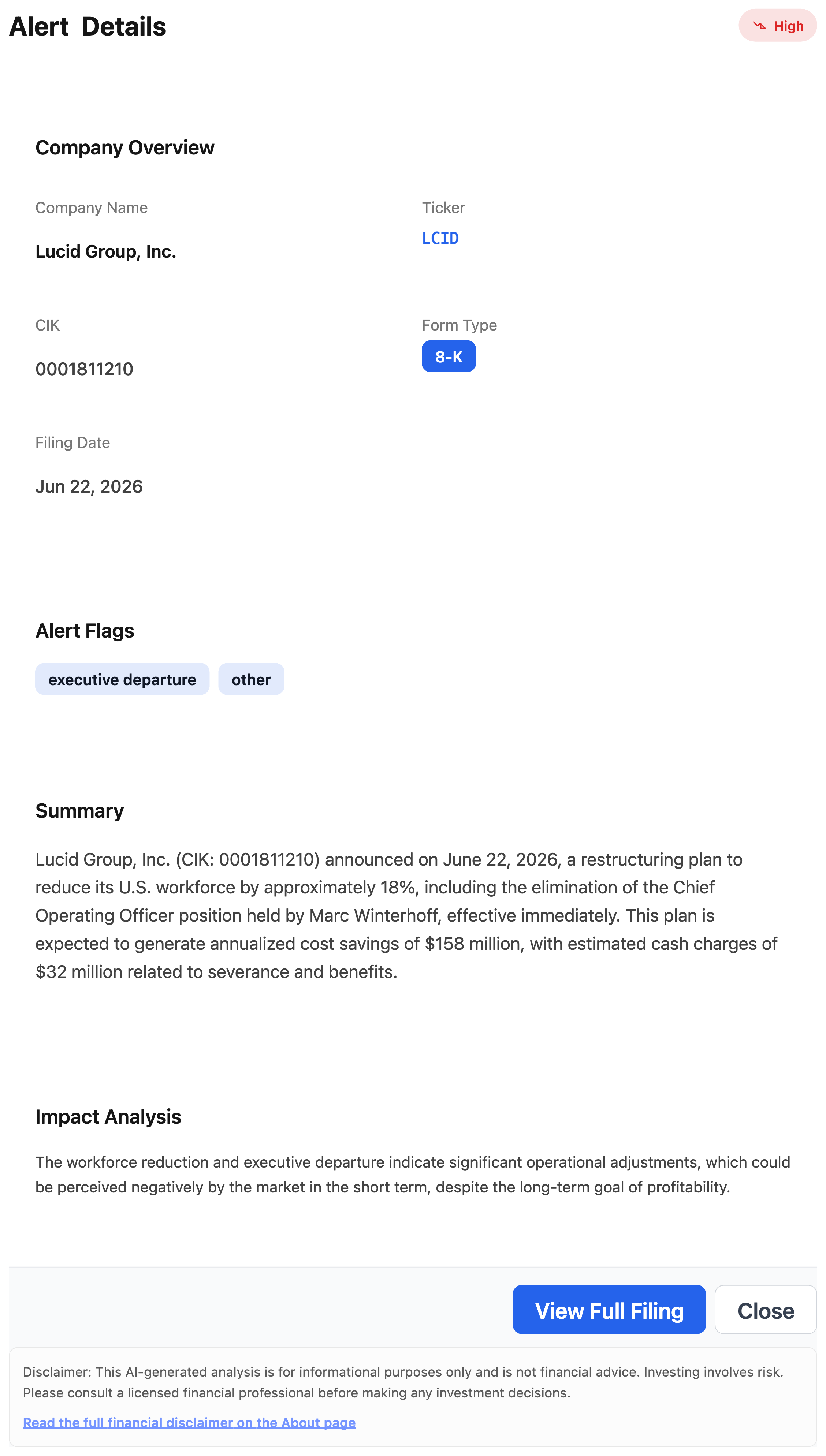 NexusAlert Alert Details modal for Lucid Group, Inc. (LCID), a High-severity 8-K filed June 22, 2026, CIK 0001811210. Alert flags read executive departure and other. The AI summary states Lucid announced a restructuring plan to reduce its U.S. workforce by approximately 18%, including the elimination of the Chief Operating Officer position held by Marc Winterhoff, effective immediately, with annualized cost savings of $158 million and estimated cash charges of $32 million. The Impact Analysis notes the workforce reduction and executive departure could be perceived negatively in the short term despite the long-term goal of profitability.