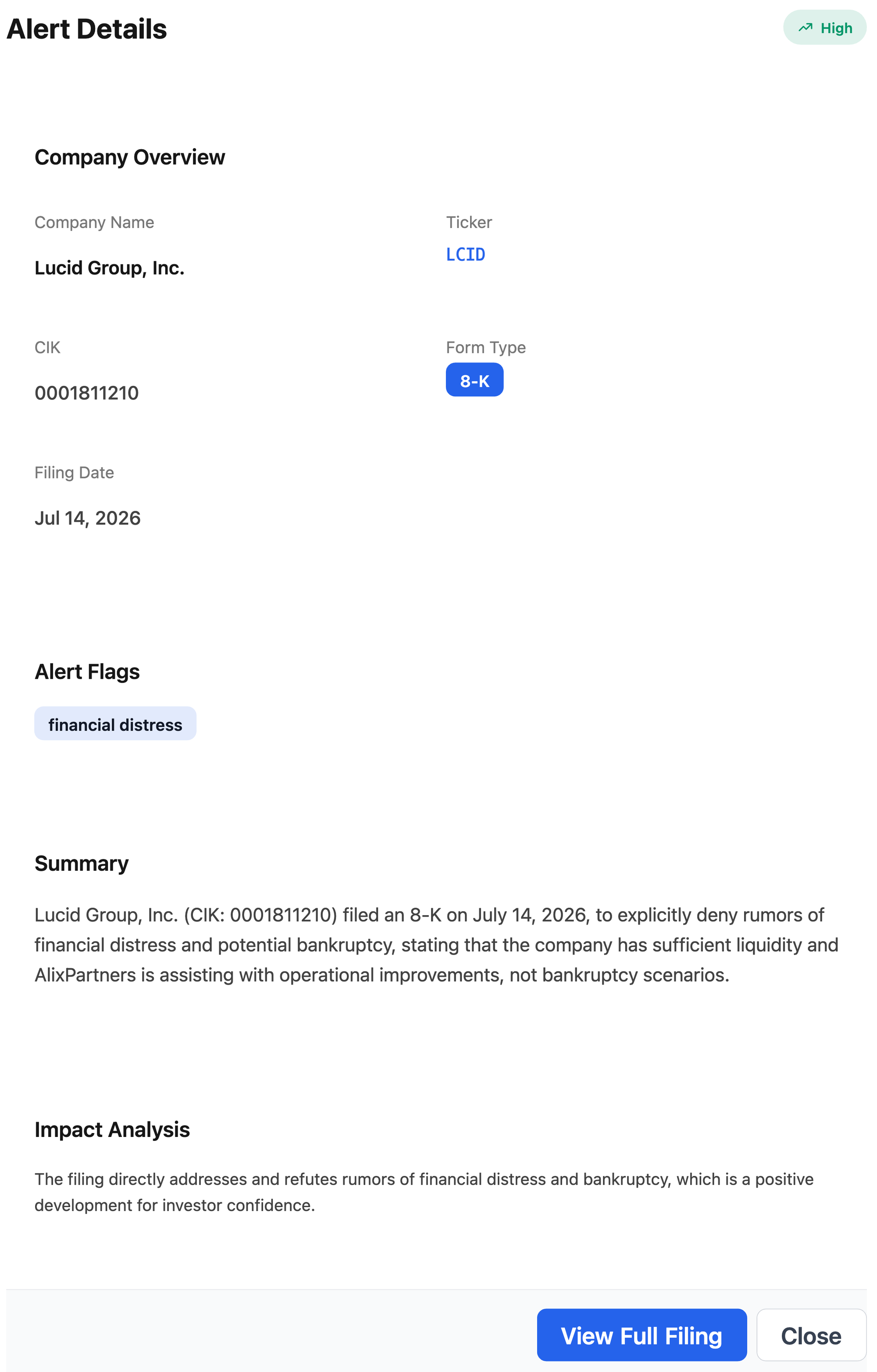 NexusAlert Alert Details for Lucid Group showing ticker LCID, CIK 0001811210, Form Type 8-K, Filing Date Jul 14 2026, a High severity badge, an Alert Flag reading financial distress, and an AI Summary describing the filing as an explicit denial of financial distress and bankruptcy rumors.