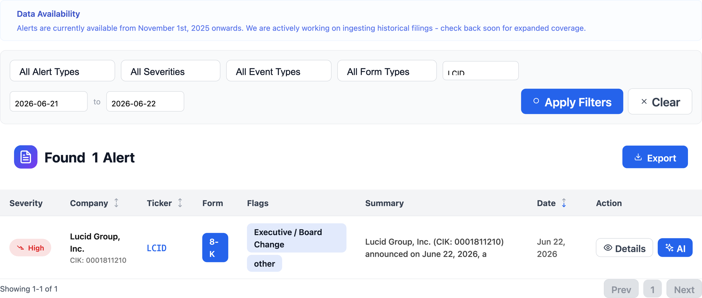 NexusAlert Market Alerts results showing a single High-severity alert for Lucid Group, Inc. (LCID), an 8-K dated June 22, 2026, CIK 0001811210, with alert flags executive / board change and other, filtered to the LCID ticker for the June 21 to June 22 date range.