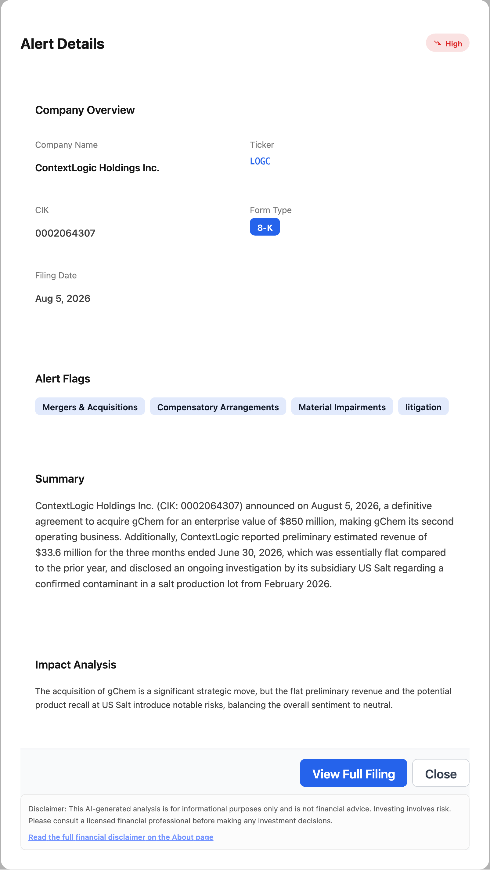 NexusAlert Alert Details for the ContextLogic Holdings 8-K showing the $850 million gChem acquisition, tagged High severity, with Mergers and Acquisitions, Compensatory Arrangements, Material Impairments, and litigation flags and a neutral AI Impact Analysis.