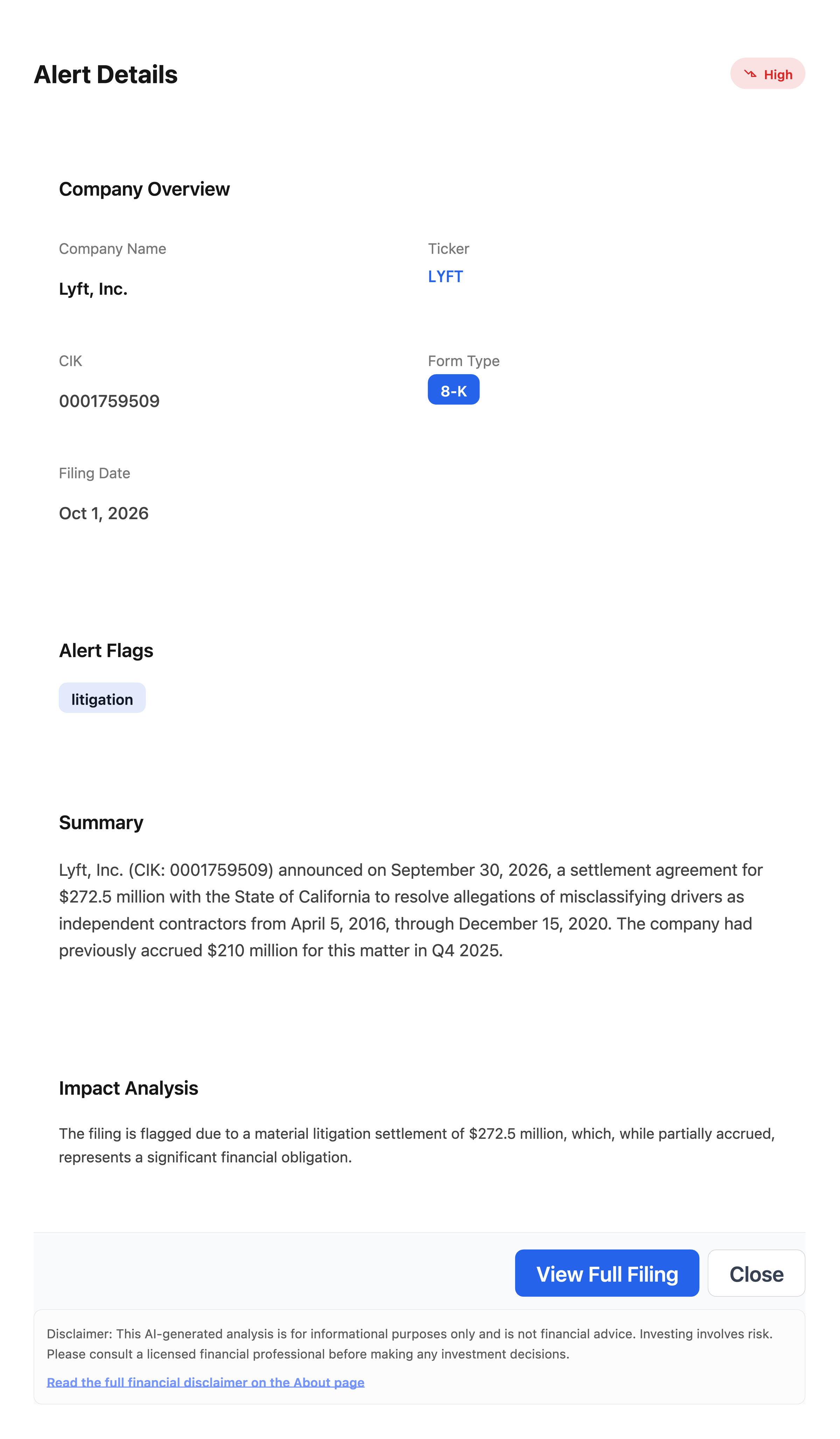 NexusAlert Alert Details card for the Lyft 8-K filed October 1, 2026, showing the summary of the $272.5 million California settlement and the $210 million prior accrual.