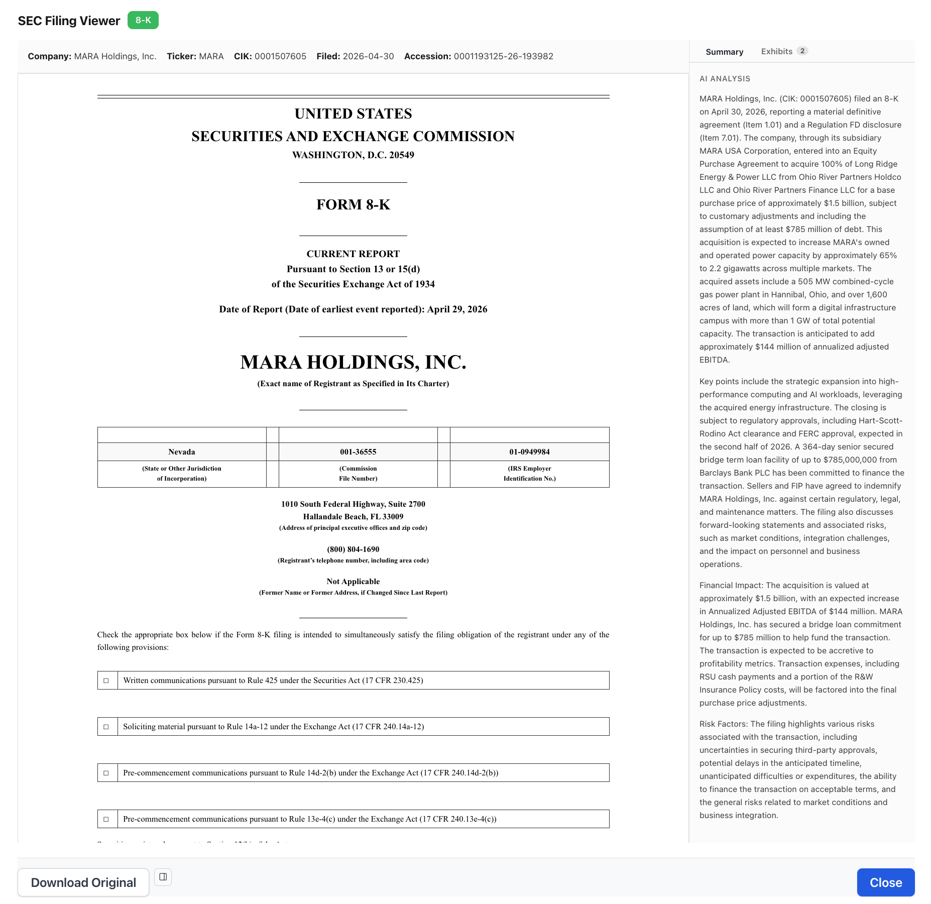 NexusAlert SEC Filing Viewer showing MARA Holdings 8-K filed April 30, 2026, with the AI Analysis pane summarizing the Equity Purchase Agreement, $1.5B base price, $785M debt assumption, 505 MW Hannibal Ohio combined-cycle gas plant, 65% capacity increase to 2.2 gigawatts, and $144M annualized adjusted EBITDA addition