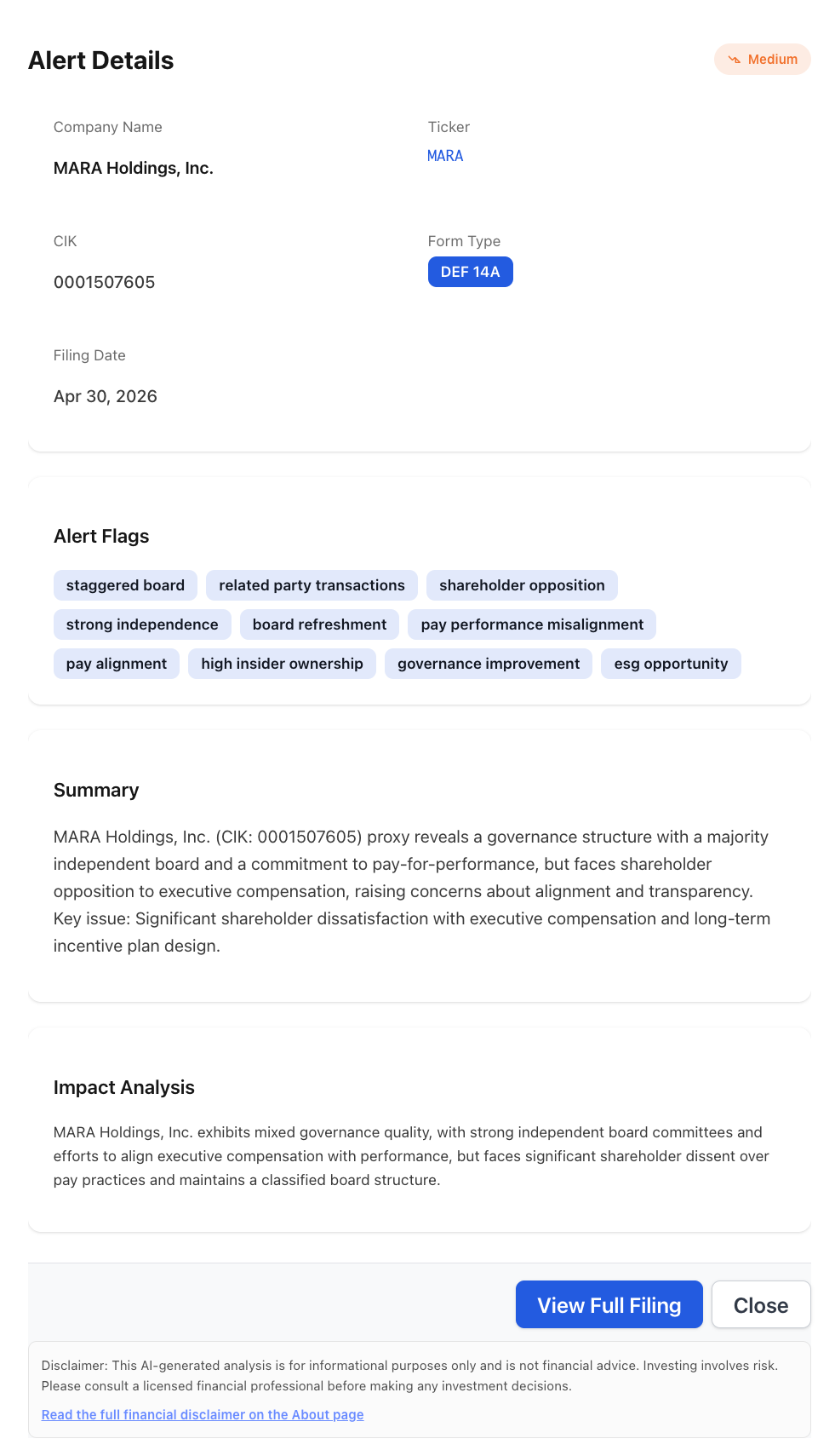 NexusAlert Alert Details panel for MARA Holdings DEF 14A proxy filed April 30, 2026, showing Medium severity and ten governance flags: staggered board, related party transactions, shareholder opposition, strong independence, board refreshment, pay performance misalignment, pay alignment, high insider ownership, governance improvement, and esg opportunity
