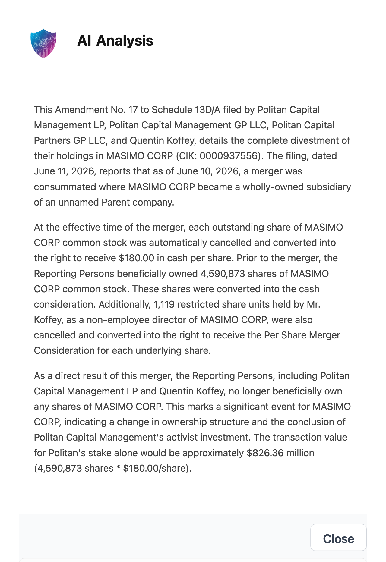 NexusAlert AI Analysis modal explaining the Masimo 13D/A: 4,590,873 shares converted to cash, 1,119 restricted share units cancelled, and an $826.36 million transaction value for Politan's stake.