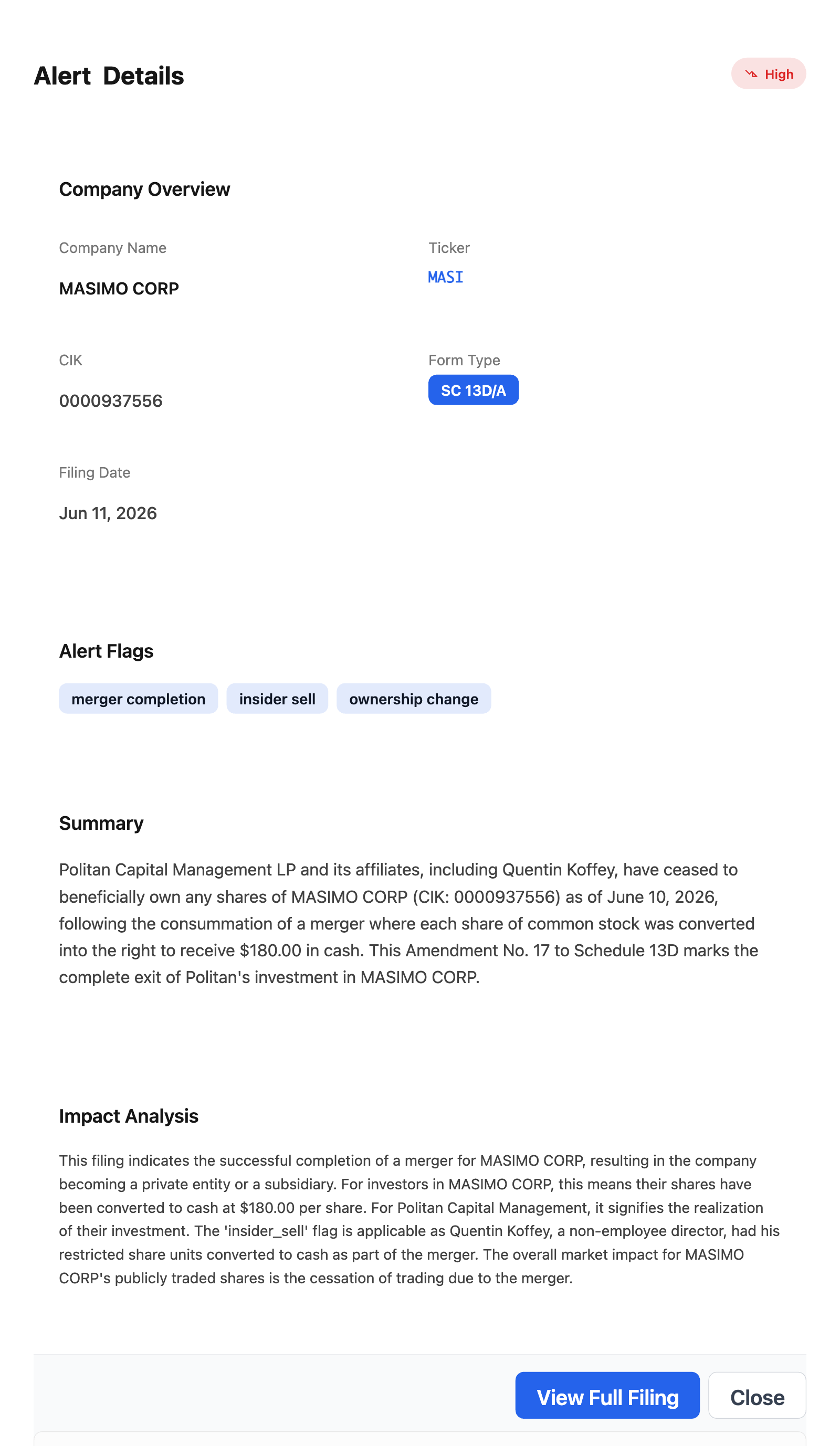 NexusAlert Alert Details modal for the Masimo SC 13D/A showing high severity, merger completion, insider sell and ownership change flags, the AI summary of Politan's complete exit, and the impact analysis.