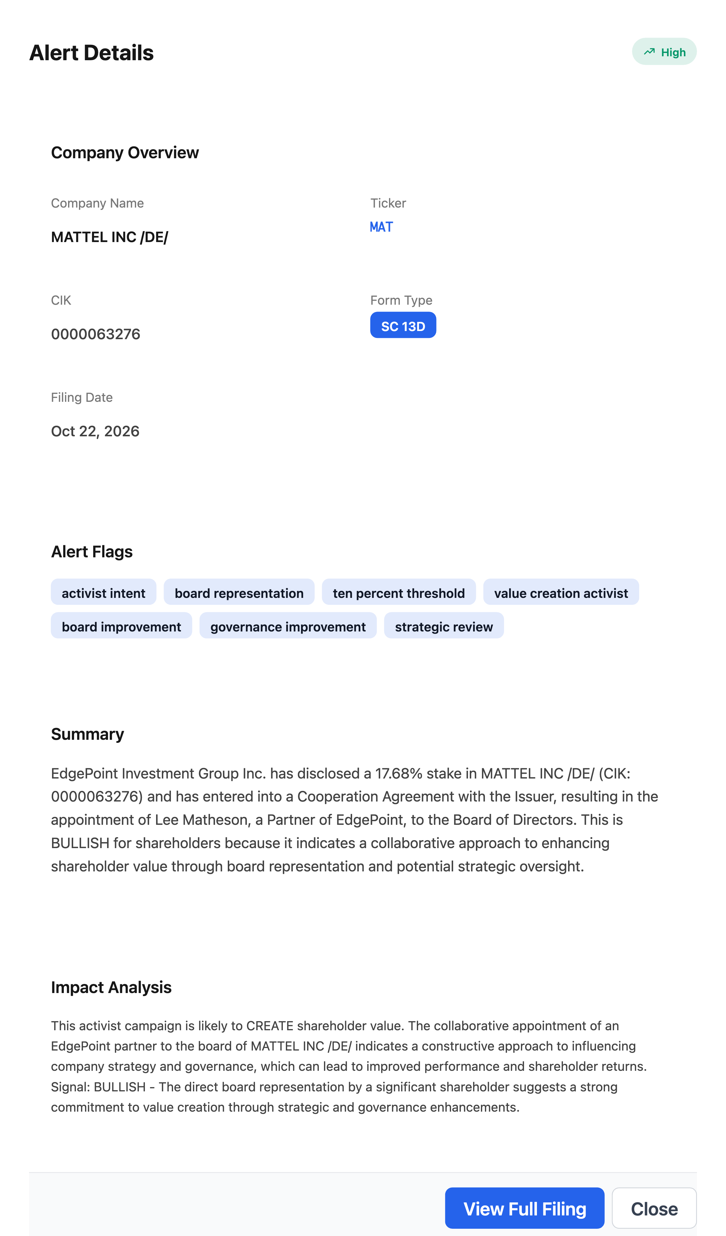 NexusAlert Alert Details modal for the Mattel SC 13D filing showing ticker MAT, CIK 0000063276, High severity, seven alert flags including activist intent, board representation, and strategic review, the AI Summary describing the 17.68 percent EdgePoint stake and the appointment of Lee Matheson, and the Impact Analysis rating the agreement bullish.