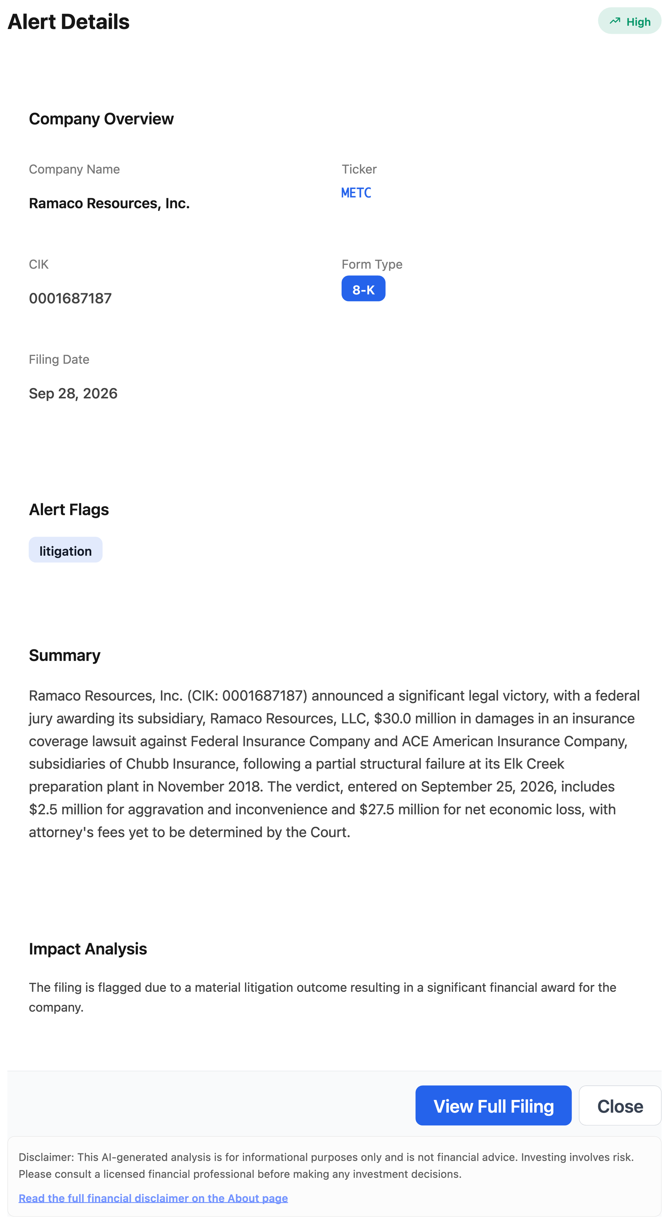 NexusAlert Alert Details modal for Ramaco Resources showing the 8-K filed September 28, 2026, flagged litigation, with an AI summary of the $30.0 million jury verdict against Chubb subsidiaries and an impact analysis.