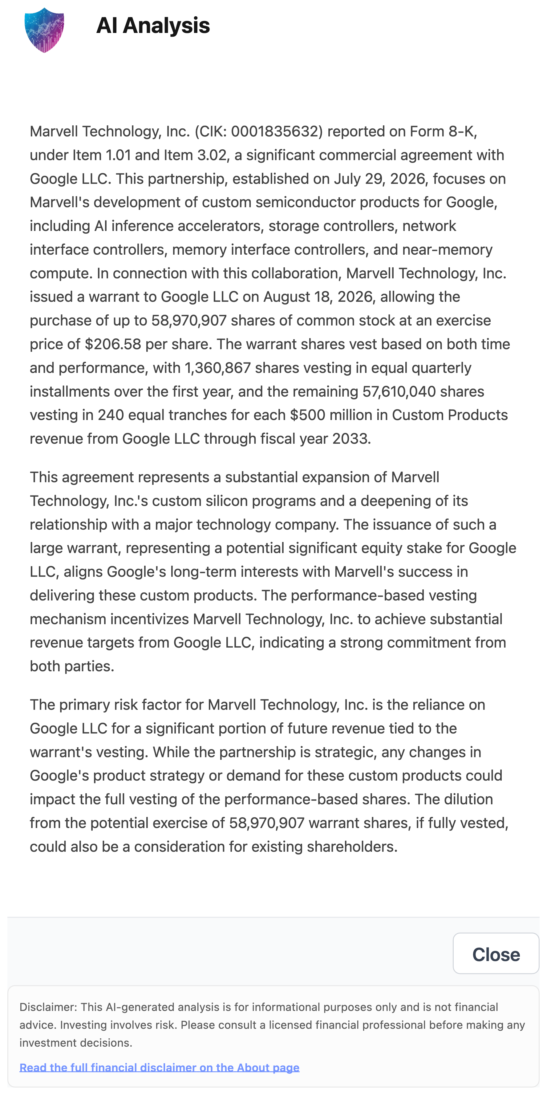 NexusAlert AI Analysis for the Marvell 8-K explaining that 1,360,867 warrant shares vest quarterly over the first year and the remaining 57,610,040 shares vest in 240 tranches for each $500 million in custom product revenue from Google through fiscal 2033, and flagging reliance on Google as the primary risk.