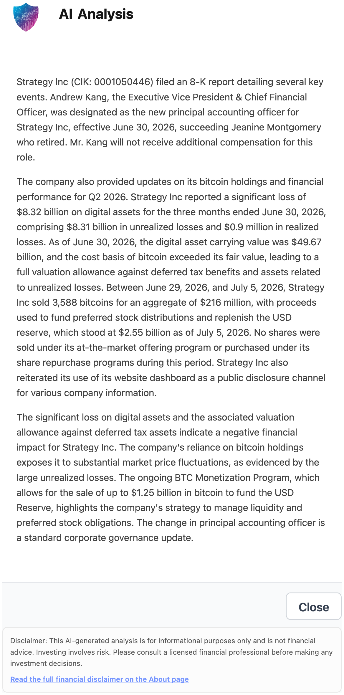NexusAlert AI Analysis of the Strategy 8-K, explaining the $8.32 billion loss with $8.31 billion unrealized, the $49.67 billion carrying value, the full valuation allowance, the sale of 3,588 bitcoins for $216 million to fund preferred dividends, the $2.55 billion dollar reserve, and the appointment of a new principal accounting officer.