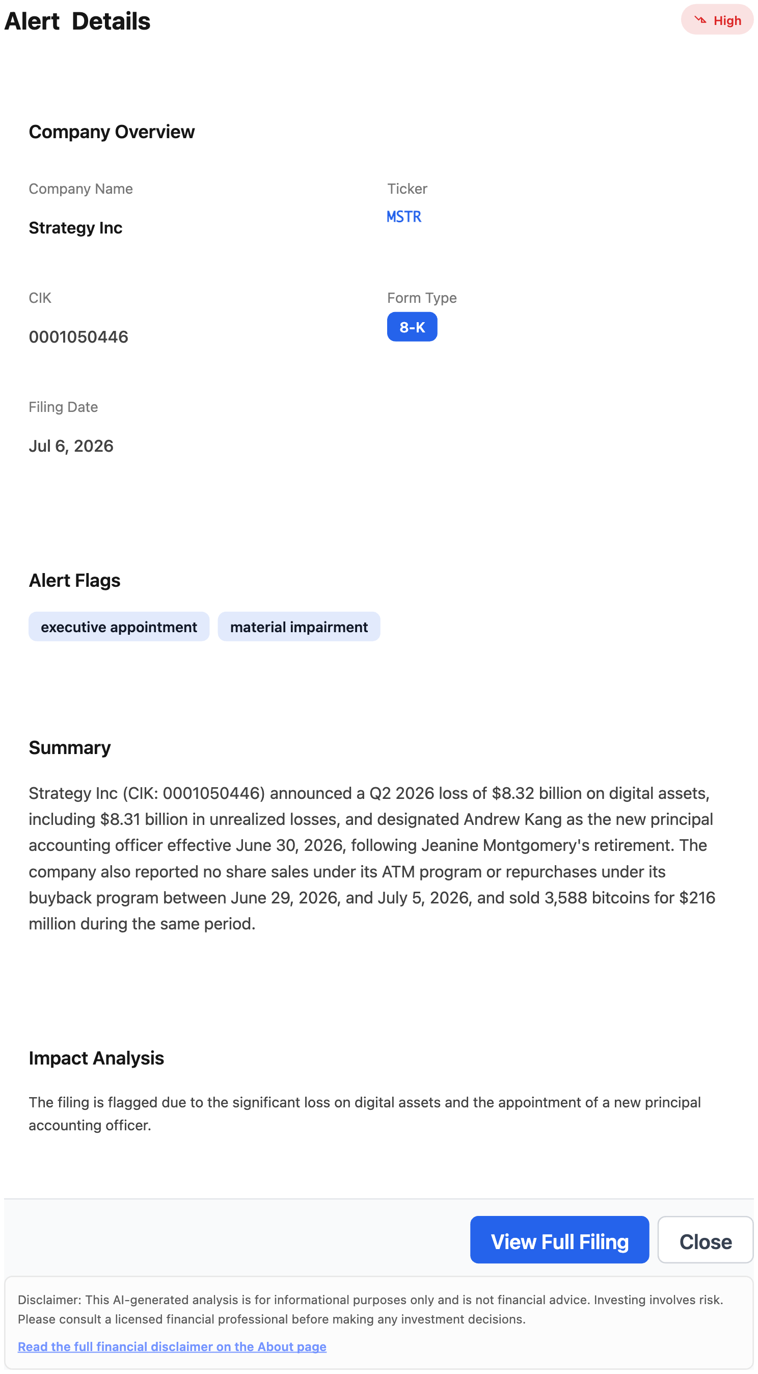 NexusAlert Alert Details for the Strategy Inc 8-K, showing ticker MSTR, CIK 0001050446, Form Type 8-K, filing date July 6 2026, alert flags for executive appointment and material impairment, and an AI summary describing the $8.32 billion Q2 2026 loss on digital assets and the sale of 3,588 bitcoins for $216 million.
