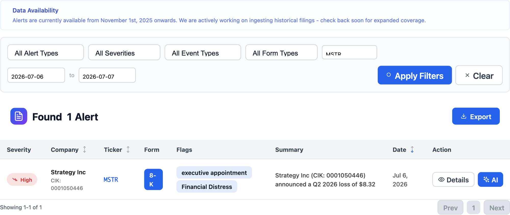 NexusAlert alert feed filtered to MSTR, showing one high-severity 8-K row for Strategy Inc with executive appointment and financial distress flags dated July 6 2026.