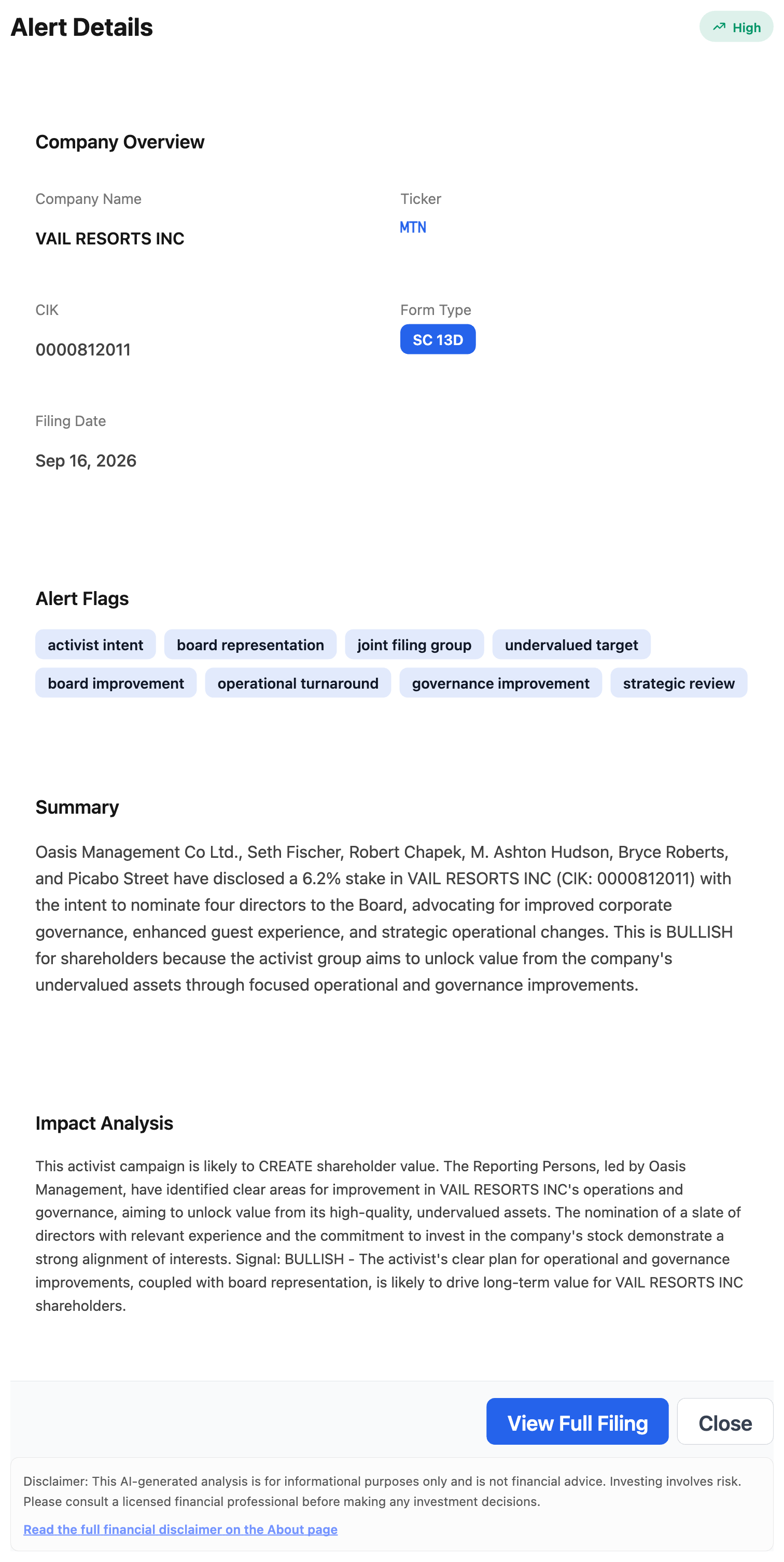 NexusAlert Alert Details modal for the Vail Resorts SC 13D filing showing ticker MTN, CIK 0000812011, filed September 16 2026, High severity, with alert flags for activist intent, board representation, joint filing group, and undervalued target.