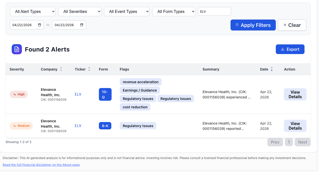 NexusAlert dashboard filtered to ELV on April 22, 2026, showing a High-severity 10-Q alert tagged with revenue acceleration, Earnings / Guidance, Regulatory Issues, and cost reduction flags alongside a Medium-severity 8-K alert