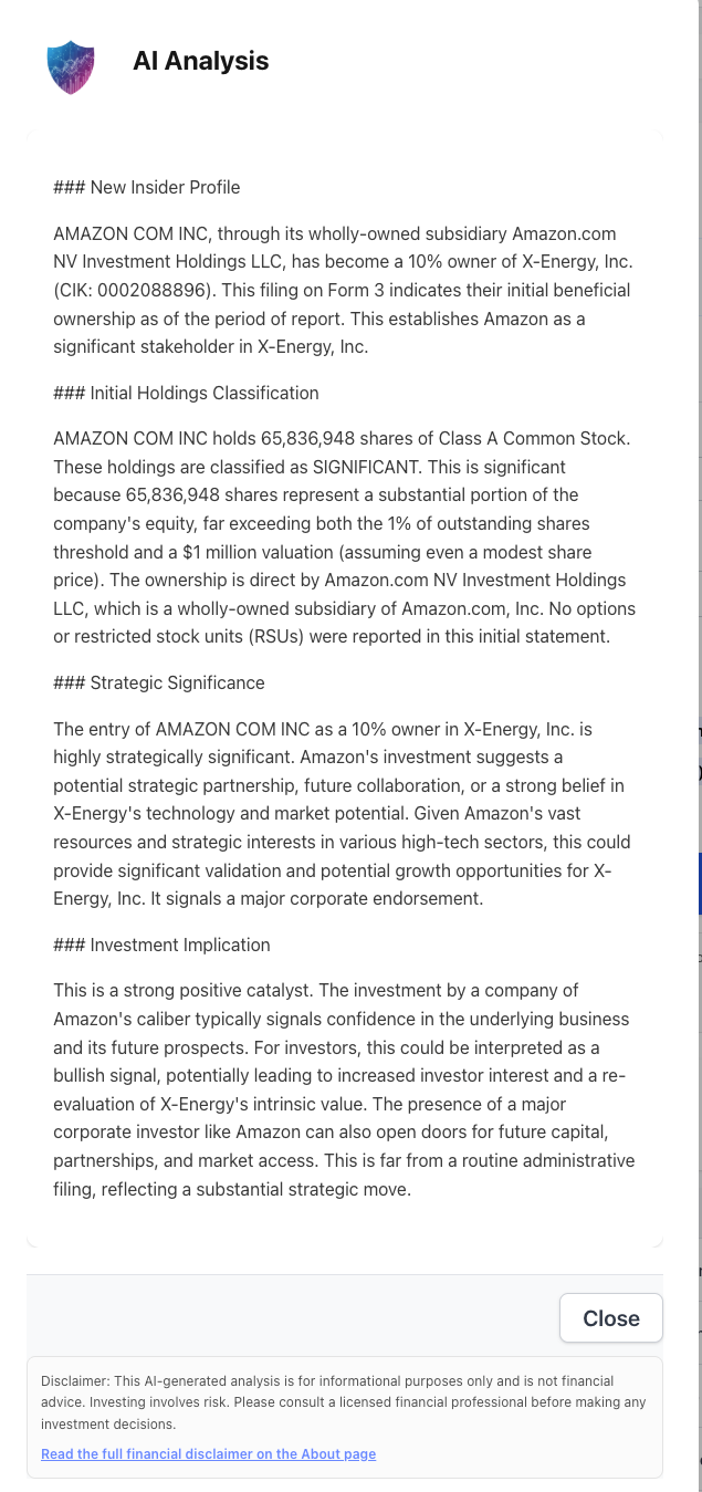 NexusAlert AI Analysis pane for Amazon's X-Energy Form 3 with sections covering New Insider Profile, Initial Holdings Classification, Strategic Significance, and Investment Implication — explaining that 65,836,948 shares represent a substantial portion of company equity well past the 1% threshold and that the position is held by Amazon.com NV Investment Holdings LLC
