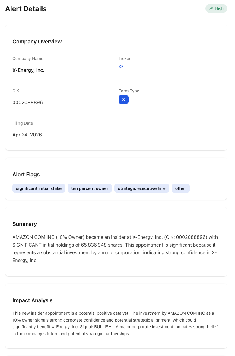 NexusAlert Alert Details view of Amazon's Form 3 filing for X-Energy showing High severity, ticker XE, CIK 0002088896, filing date Apr 24 2026, and alert flags significant initial stake, ten percent owner, strategic executive hire, and other
