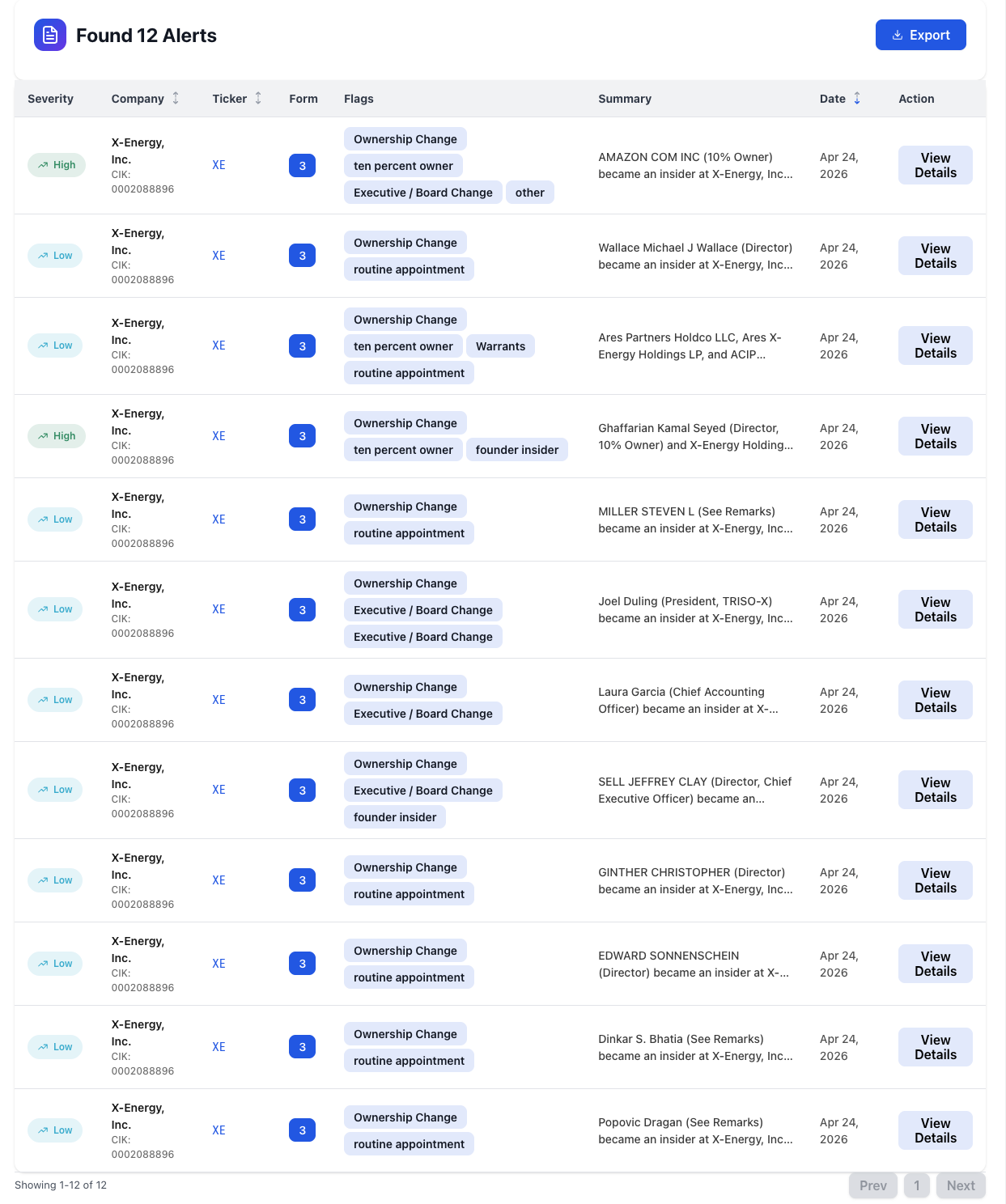 NexusAlert dashboard filtered to X-Energy on Apr 24, 2026 showing 12 Form 3 filings — Amazon flagged High severity with Ownership Change, ten percent owner, Executive / Board Change, and other tags above 11 routine officer and director appointments