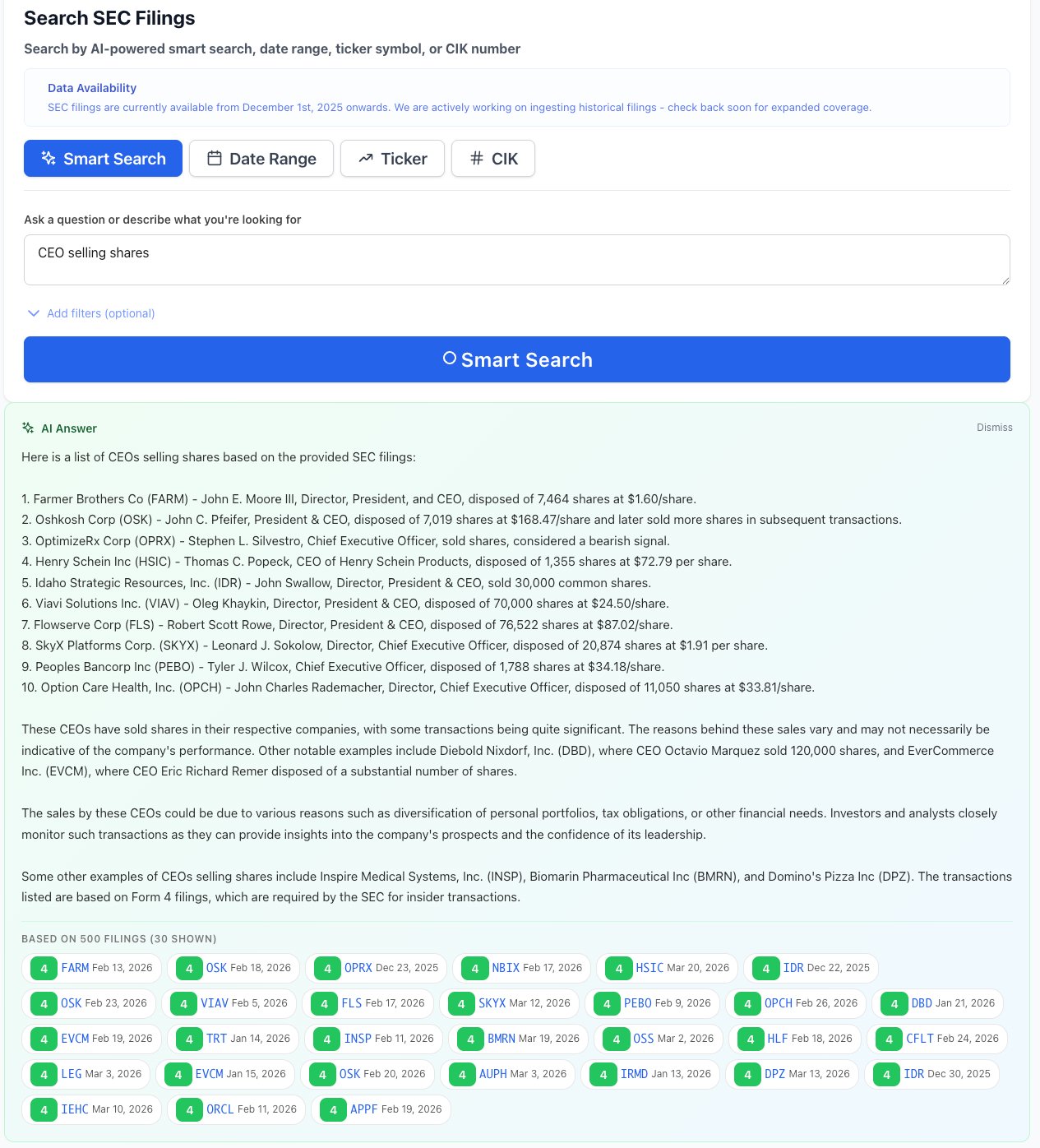 NexusAlert semantic search results for CEO selling shares showing AI-generated answer listing 10 CEOs who disposed of shares, with 500 Form 4 filings matched across dozens of tickers