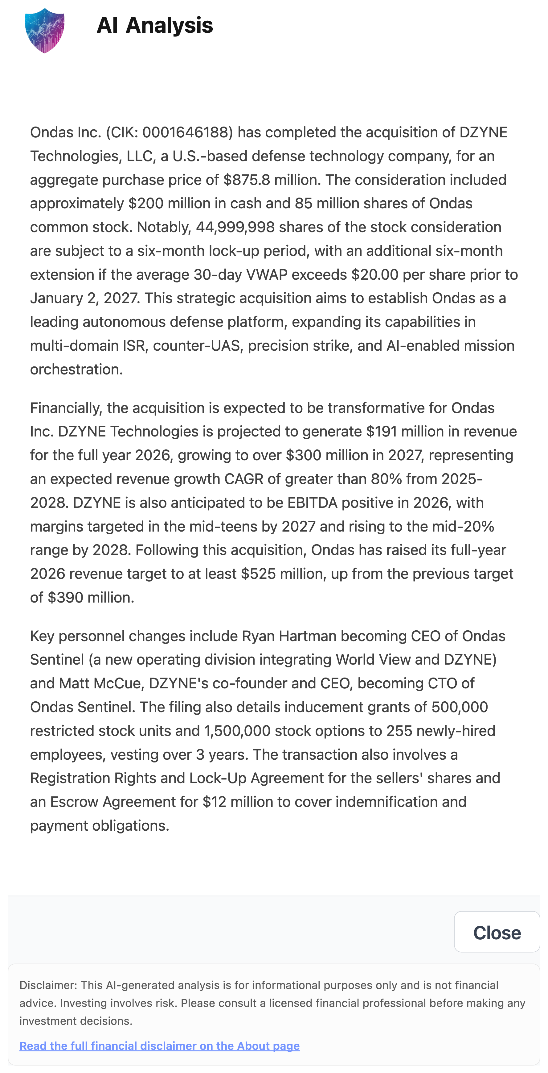 NexusAlert AI Analysis of the Ondas 8-K detailing the $875.8 million DZYNE acquisition, the 44,999,998 share six-month lock-up with a VWAP-based extension, the raised 2026 revenue target of at least $525 million, and the new Ondas Sentinel leadership.