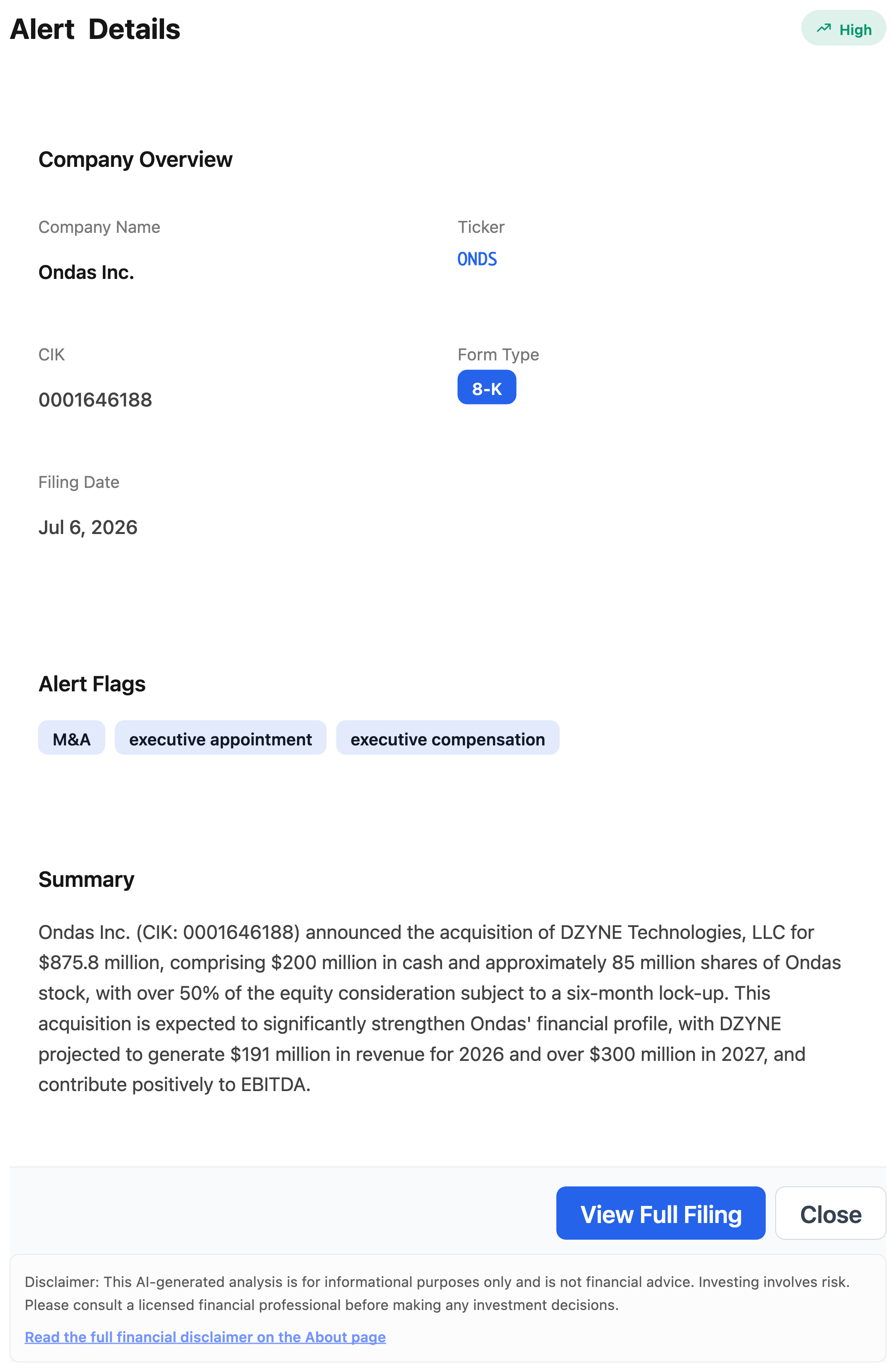 NexusAlert Alert Details for the Ondas 8-K showing the DZYNE Technologies acquisition at $875.8 million, comprising $200 million in cash and approximately 85 million shares, flagged Merger and Acquisition with High severity.
