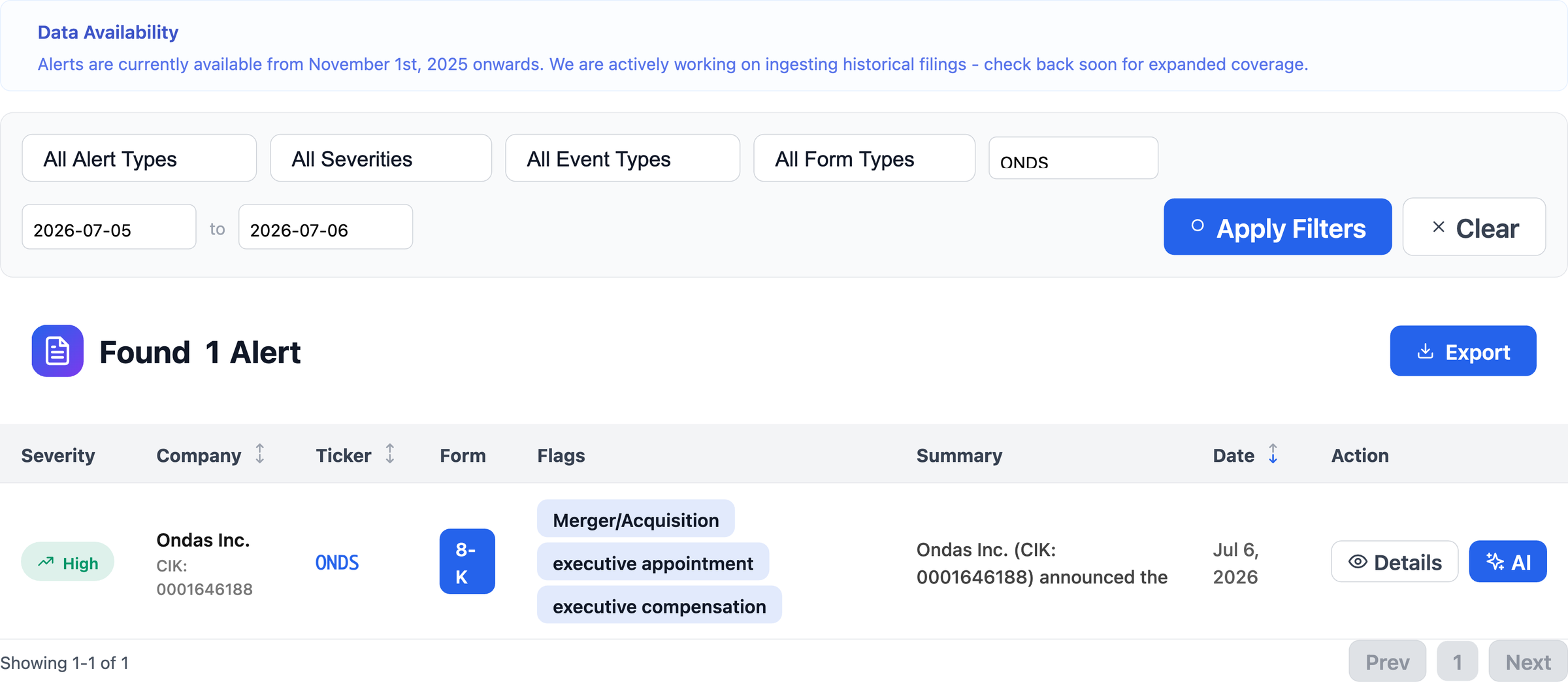 NexusAlert alerts results showing one High-severity Merger and Acquisition alert for Ondas Inc., ticker ONDS, an 8-K filed July 6, 2026, flagged Merger and Acquisition, executive appointment, and executive compensation.