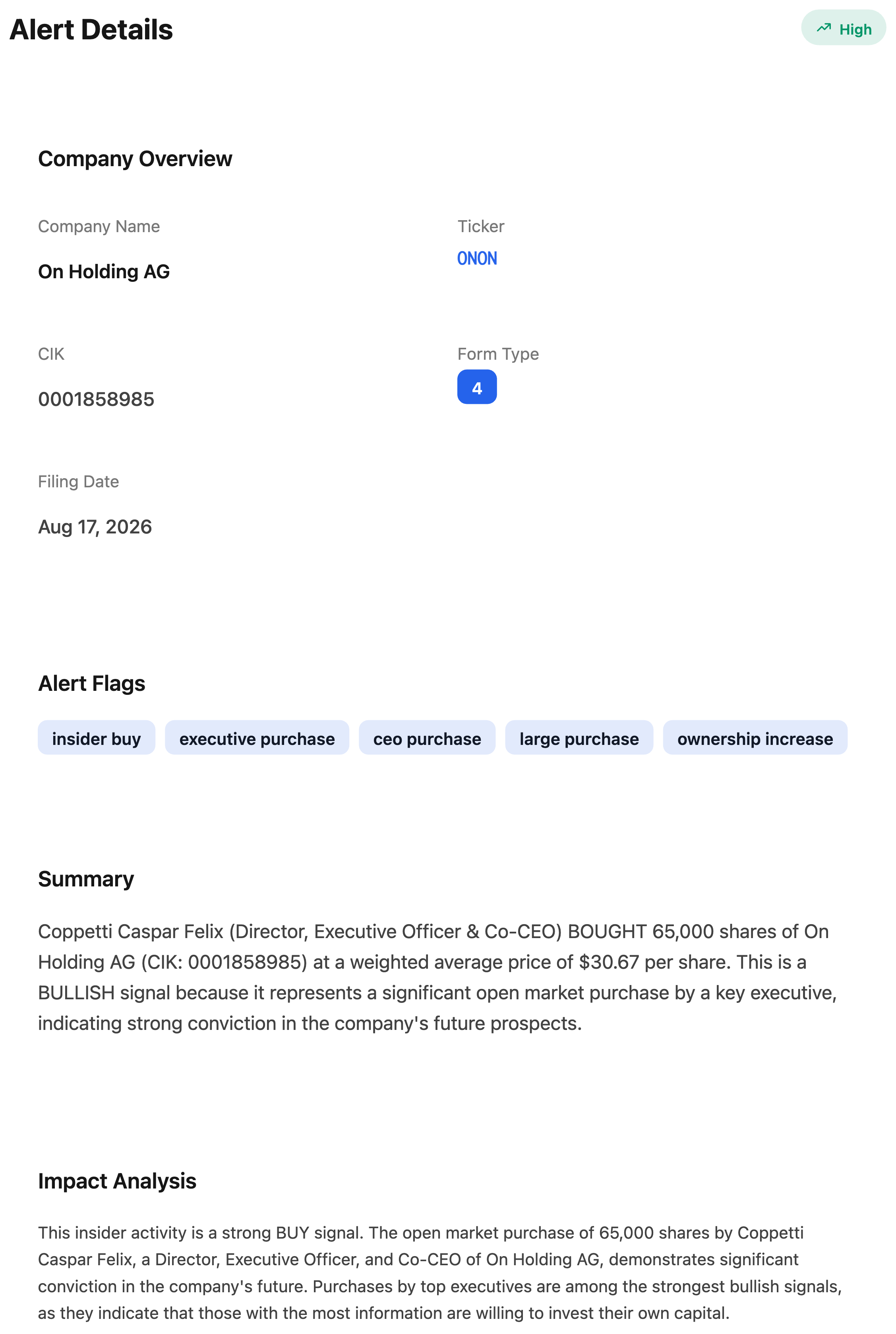 NexusAlert Alert Details for On Holding showing Co-CEO Caspar Coppetti bought 65,000 ONON shares at a weighted average of $30.67, classified as a bullish open market purchase.