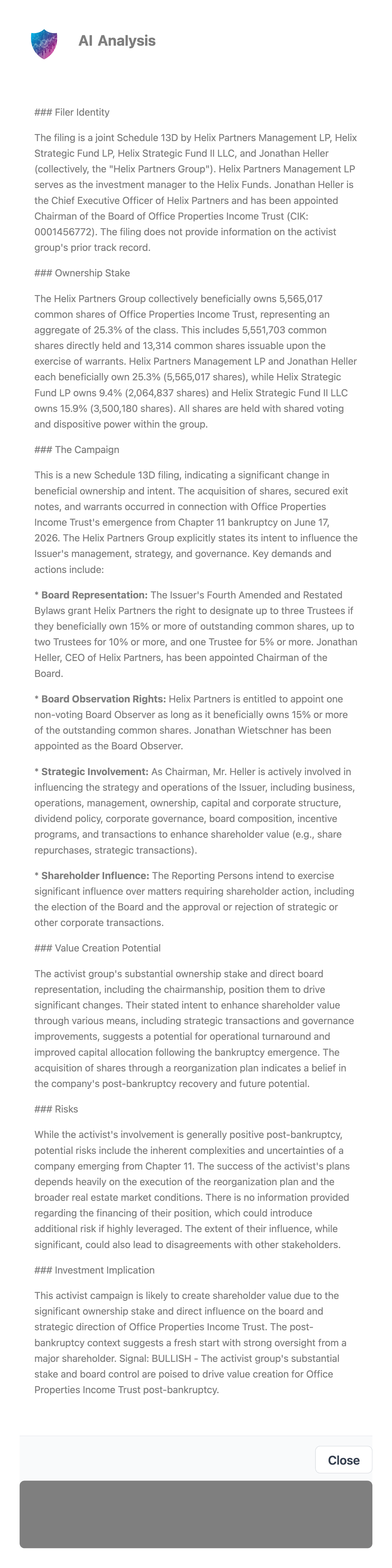 NexusAlert AI Analysis modal for the Office Properties Income Trust SC 13D, summarizing the Helix Partners Group filer identity, the 5,565,017 share 25.3% ownership stake with the per-entity breakdown, the campaign tied to the June 17 2026 Chapter 11 emergence, the board designation rights, the board observer appointment, and the value creation and risk assessment.