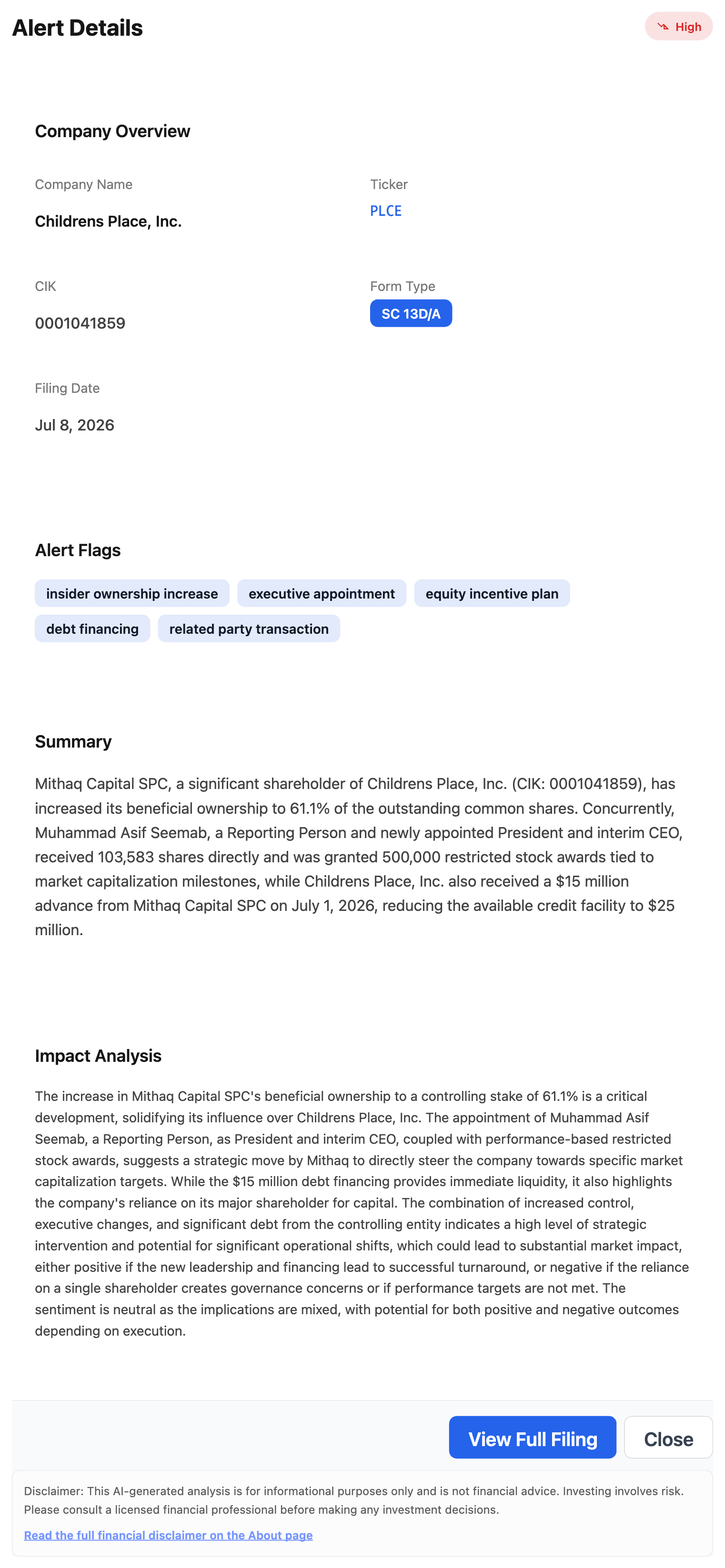 NexusAlert Alert Details for the Children's Place SC 13D/A: High severity, CIK 0001041859, form type SC 13D/A, flags for insider ownership increase, executive appointment, equity incentive plan, debt financing, and related party transaction, plus the AI summary and impact analysis.