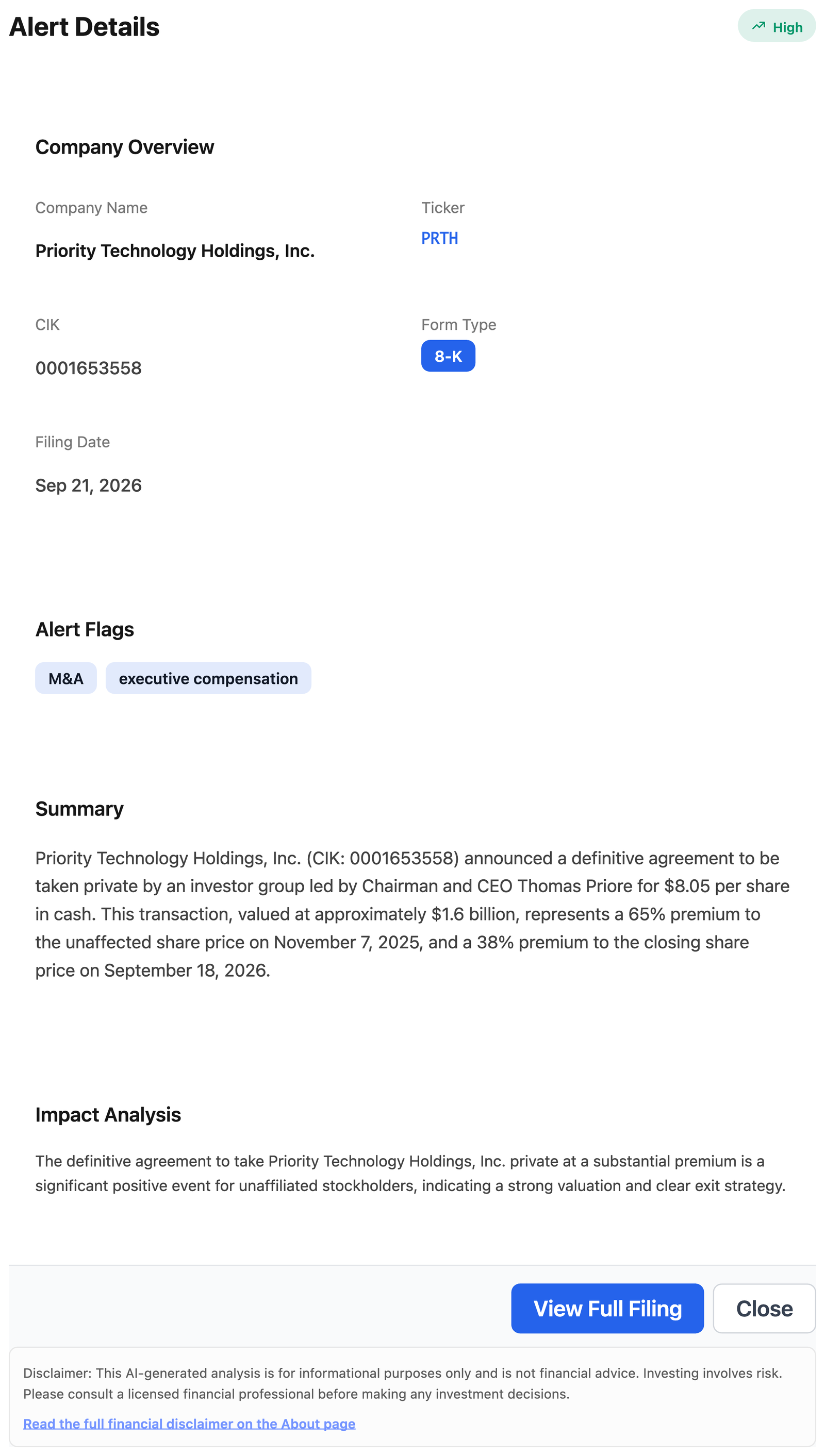 NexusAlert Alert Details modal for Priority Technology Holdings showing ticker PRTH, CIK 0001653558, Form 8-K filed September 21 2026, High severity, with alert flags M&A and executive compensation.
