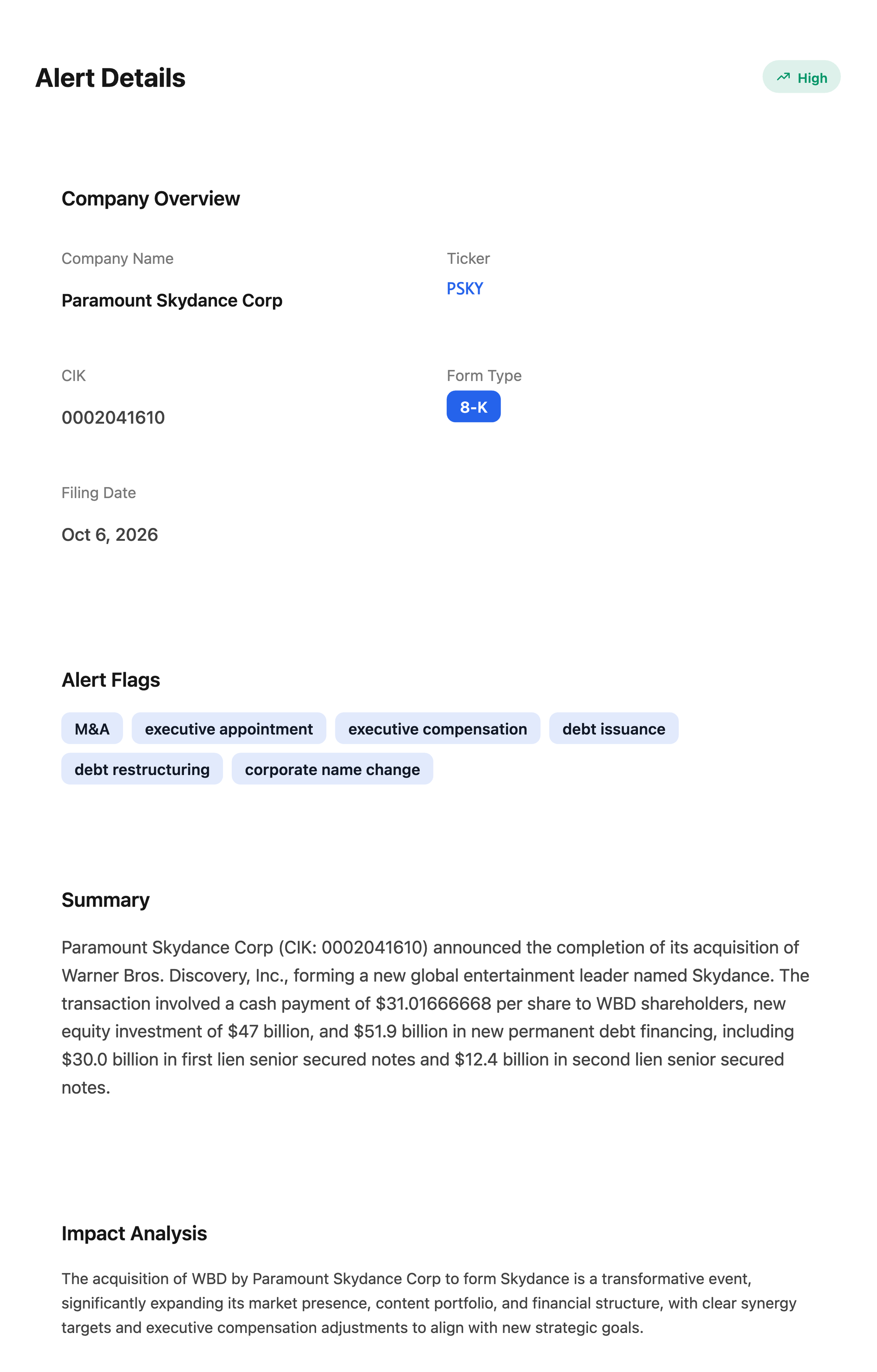 NexusAlert Alert Details card for the Paramount Skydance 8-K showing the High opportunity badge, M&A and debt flags, and the AI summary of the $31.01666668 per share Warner Bros. Discovery close with $47 billion of equity and $51.9 billion of new debt.