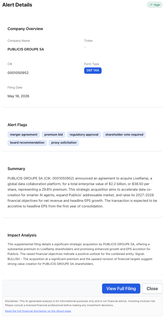 NexusAlert Alert Details for PUBLICIS GROUPE SA (CIK 0001050952) showing a High-severity DEF 14A filed May 18, 2026, with flags for merger agreement, premium bid, regulatory approval, shareholder vote required, board recommendation, and proxy solicitation. The AI summary cites the $2.2B enterprise value, $38.50/share, 29.8% premium, accelerated data co-creation for AI agents, expanded addressable market, raised 2027-2028 net-revenue and headline-EPS objectives, and year-one accretion. The Impact Analysis flags the signal as BULLISH on the acquirer side.