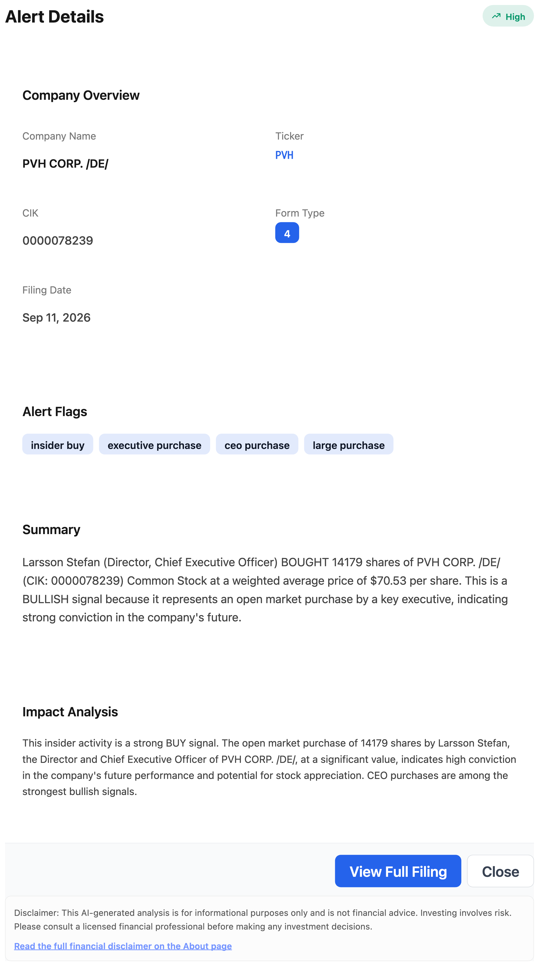NexusAlert Alert Details modal showing Stefan Larsson's Form 4 purchase of 14,179 PVH shares at a weighted average price of $70.53, flagged High severity Opportunity with AI summary and impact analysis.