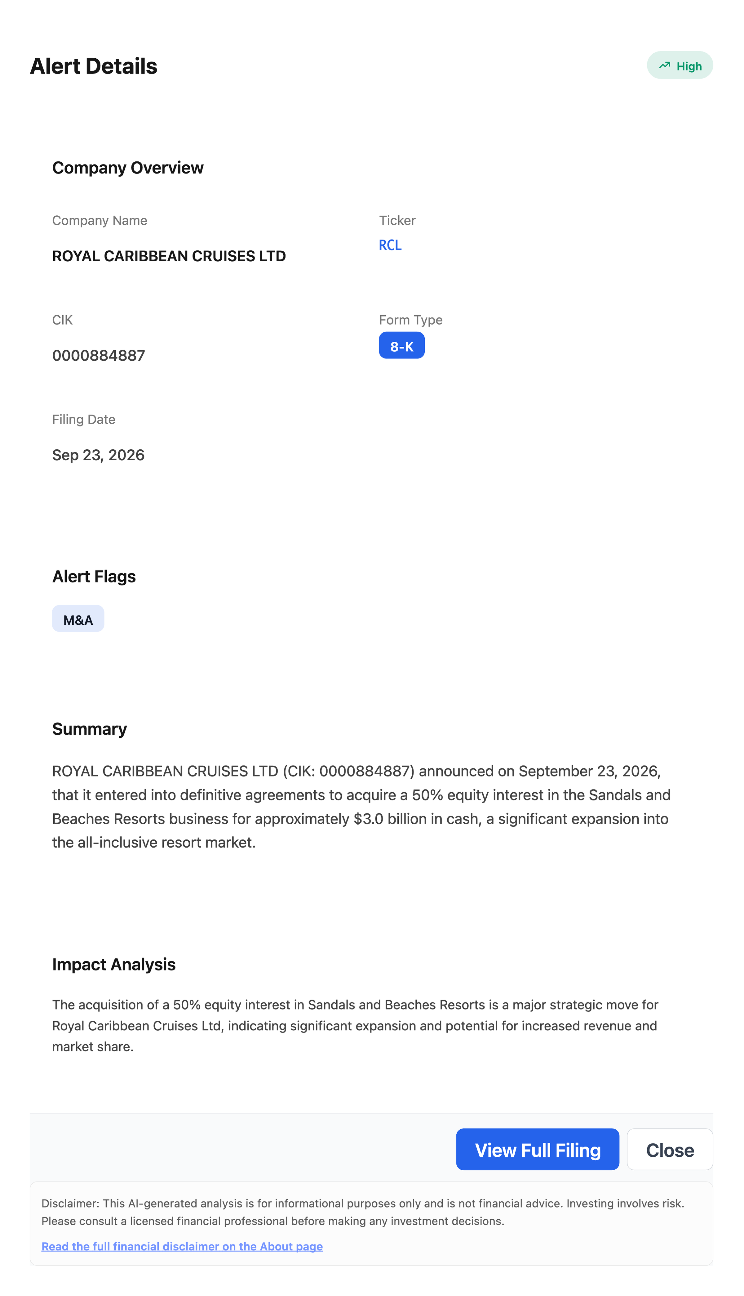 NexusAlert Alert Details modal for Royal Caribbean Cruises Ltd showing the 8-K alert for the Sandals and Beaches Resorts acquisition, with High severity, M&A flag, AI generated summary, and impact analysis.