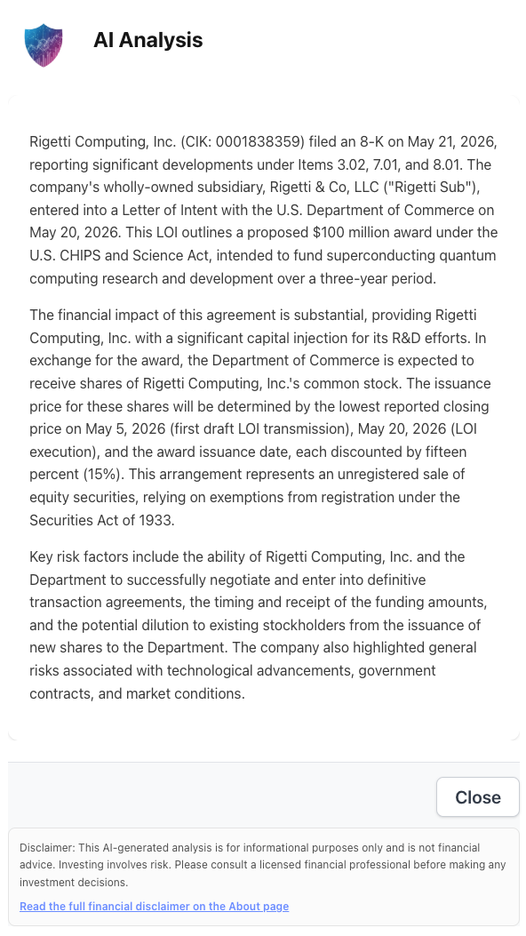 NexusAlert AI Analysis panel for the Rigetti Computing 8-K, identifying filing Items 3.02, 7.01, and 8.01, naming the wholly-owned subsidiary Rigetti & Co, LLC ("Rigetti Sub"), and specifying the three pricing-discount reference dates: May 5, 2026 (first draft LOI transmission), May 20, 2026 (LOI execution), and the award issuance date, each discounted by fifteen percent (15%). Calls out the unregistered sale framing under Securities Act of 1933 exemptions and lists dilution to existing stockholders from the new share issuance to the Department of Commerce as a key risk factor.