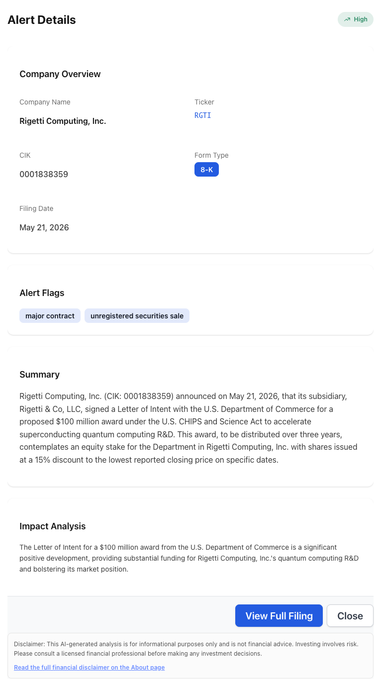 NexusAlert Alert Details for Rigetti Computing, Inc. (ticker RGTI, CIK 0001838359), showing a High-severity Opportunity-flagged 8-K filed May 21, 2026. Alert Flags: major contract and unregistered securities sale. Summary captures the Rigetti & Co, LLC Letter of Intent with the U.S. Department of Commerce for a proposed $100 million CHIPS and Science Act award over three years, with the Department contemplated to receive an equity stake at a 15% discount to the lowest reported closing share price on specific dates.