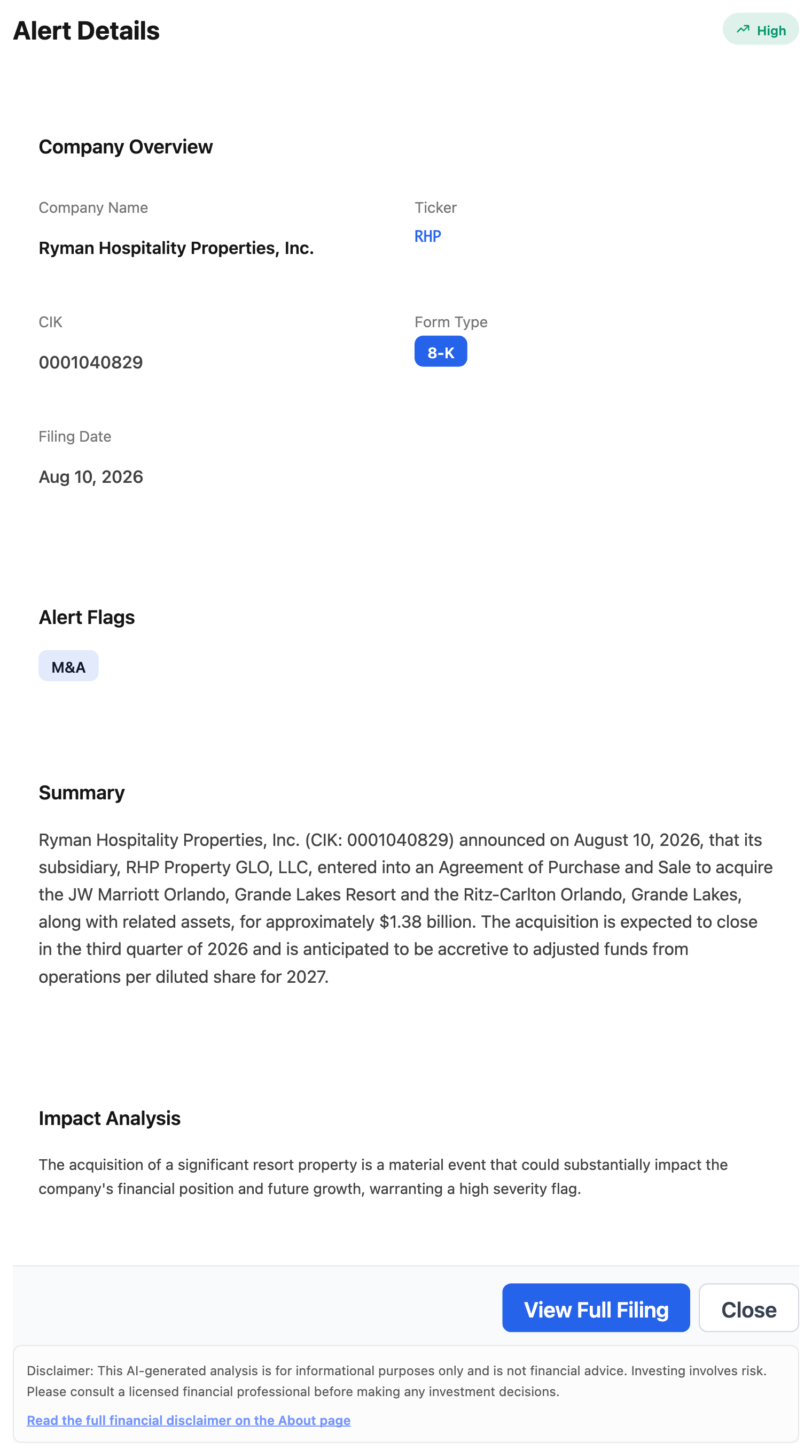 NexusAlert Alert Details for the Ryman Hospitality 8-K showing ticker RHP, CIK 0001040829, Form Type 8-K, filed August 10 2026, High severity, an M&A flag, and the AI Summary stating that subsidiary RHP Property GLO LLC entered an Agreement of Purchase and Sale to acquire the JW Marriott Orlando Grande Lakes Resort and the Ritz-Carlton Orlando Grande Lakes for approximately 1.38 billion dollars, expected to close in the third quarter of 2026 and be accretive to adjusted funds from operations per diluted share for 2027, with the Impact Analysis noting a material resort acquisition.